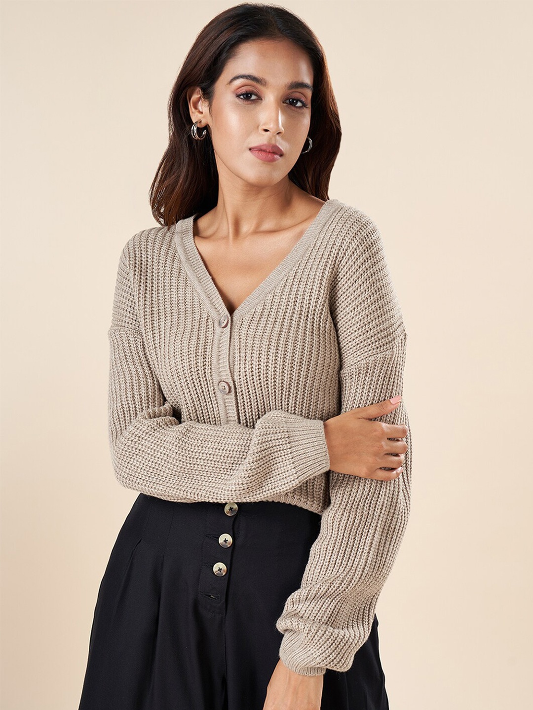

AKKRITI BY PANTALOONS V-Neck Self Design Cardigan Sweater, Grey