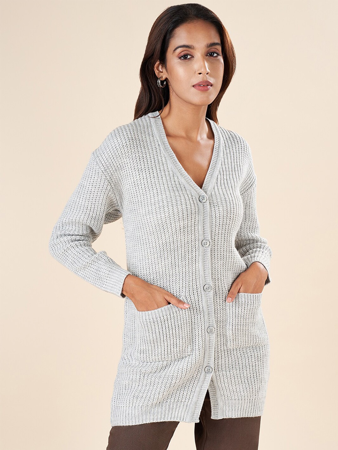 

AKKRITI BY PANTALOONS Cable Knit V-Neck Long Sleeve Acrylic Cardigan Longline Sweater, Grey