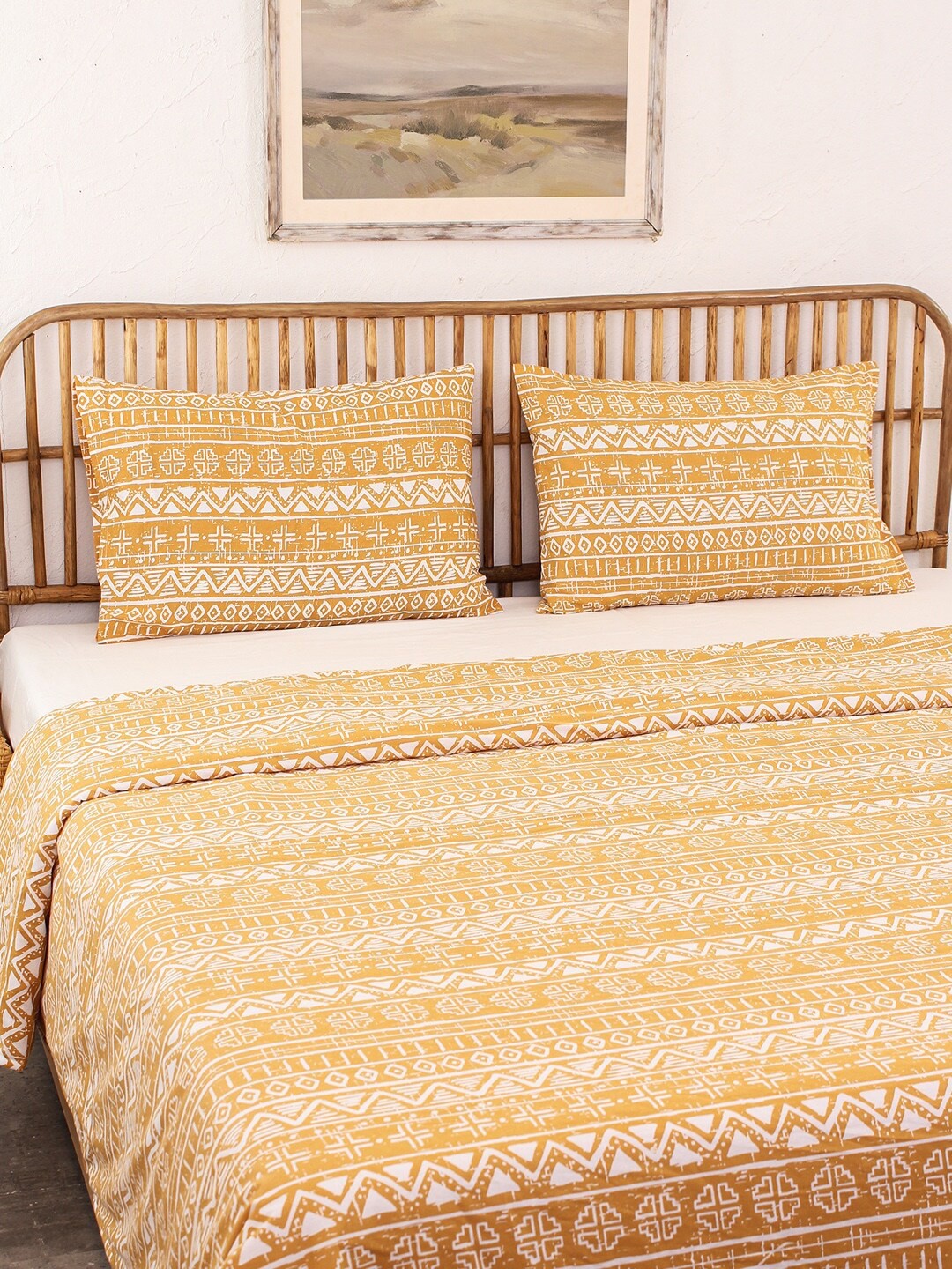 

House This Kullu Patti Yellow & White Ethnic Motifs Cotton AC Room Double Bed Dohar