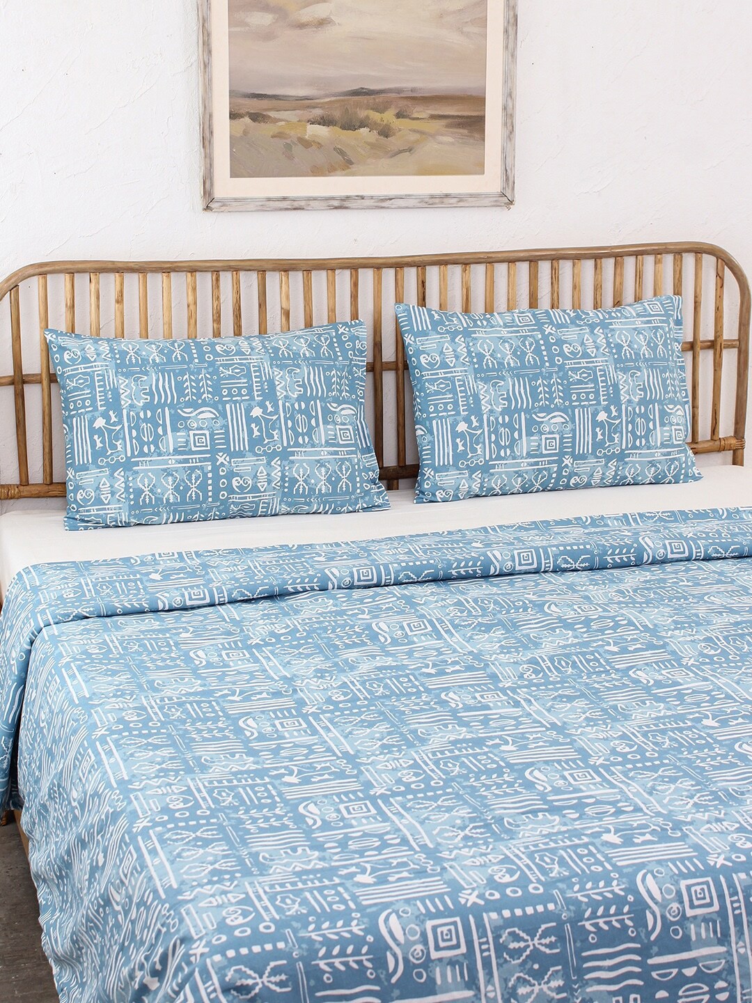 

House This Gamathi Blue & White Ethnic Motifs Cotton AC Room Single Bed Dohar