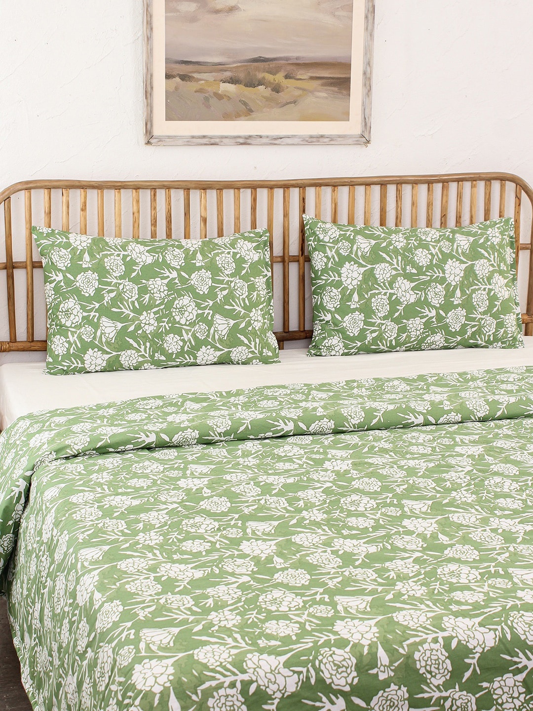 

House This Yellow Printed 144 TC Pure Cotton Single Duvet Cover, Green