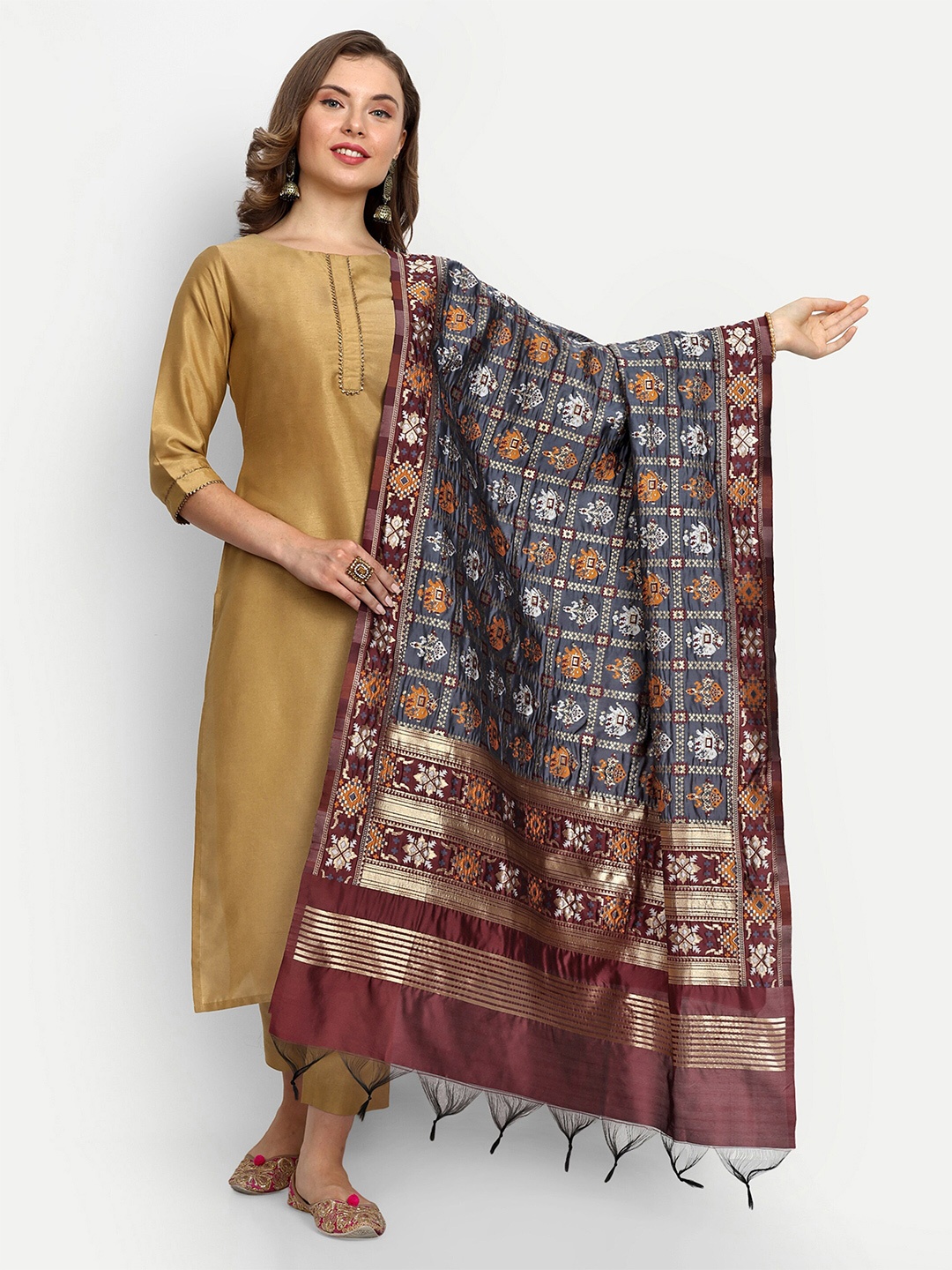 

ESCORA Ethnic Motifs Woven Design Dupatta with Zari, Grey