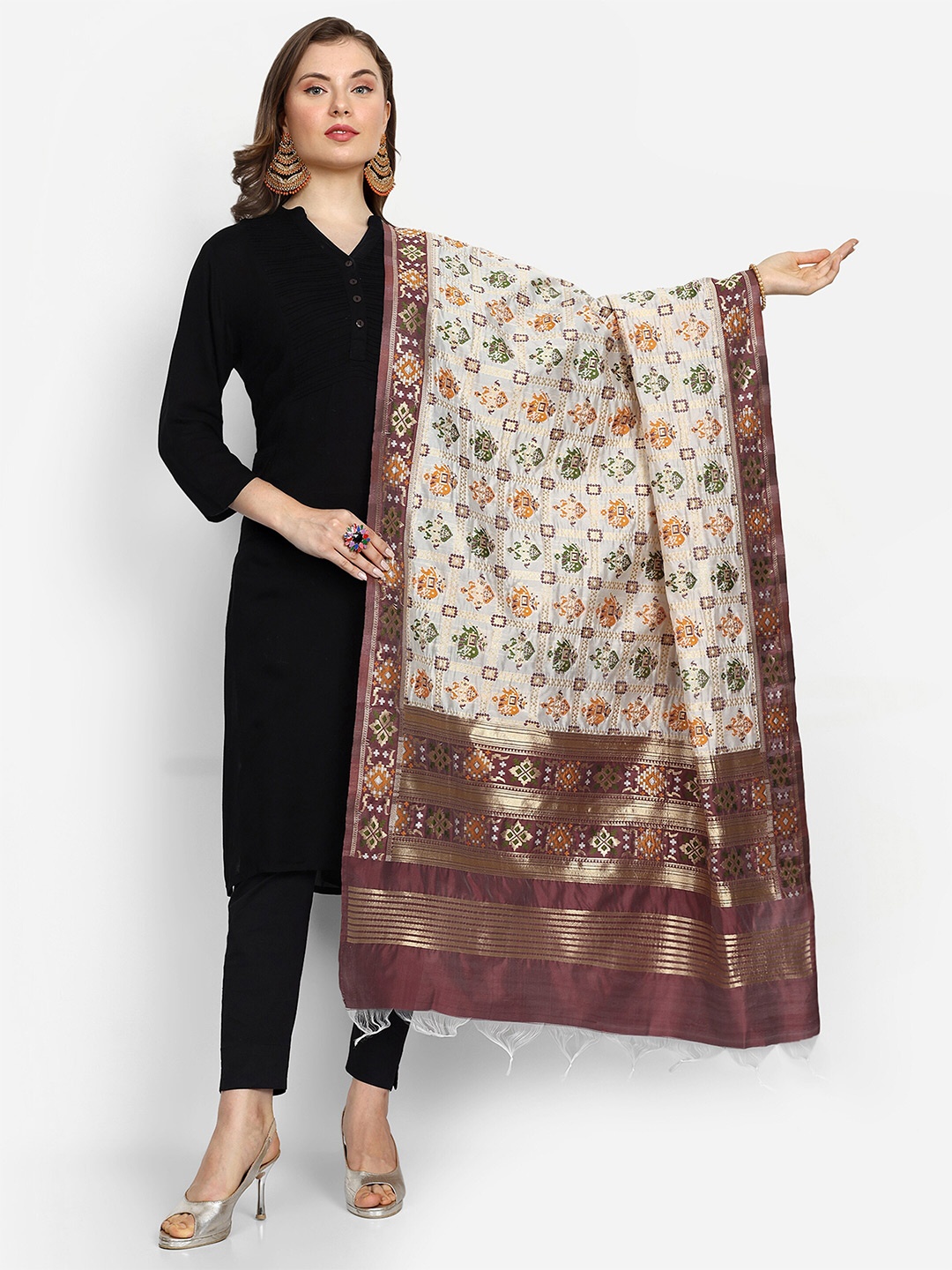 

ESCORA Ethnic Motifs Woven Design Dupatta with Zari, White