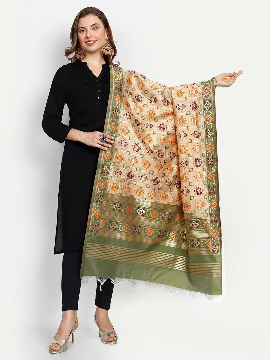 

ESCORA Ethnic Motifs Woven Design Dupatta with Zari, Beige