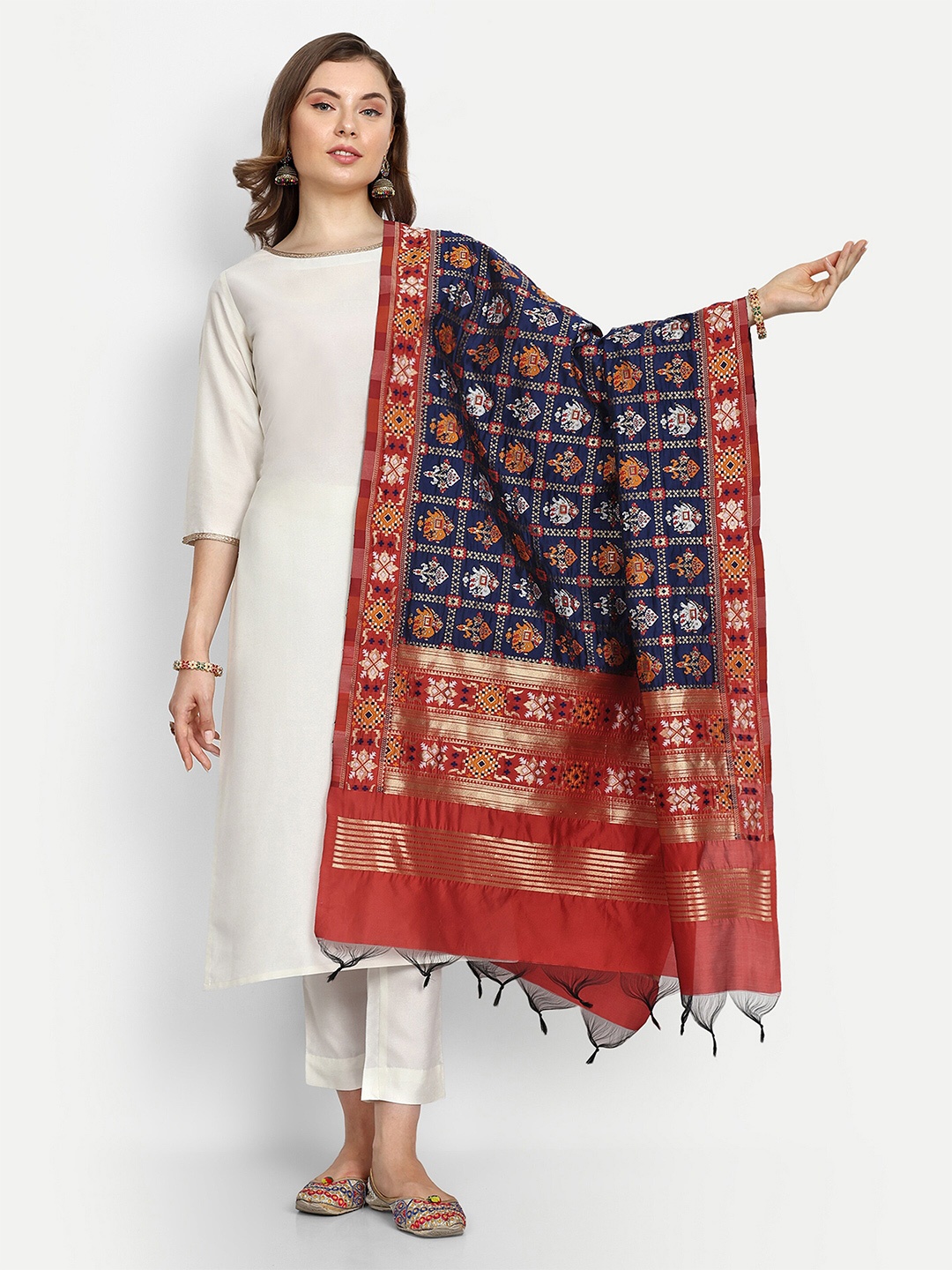 

ESCORA Ethnic Motifs Woven Design Dupatta with Zari, Navy blue