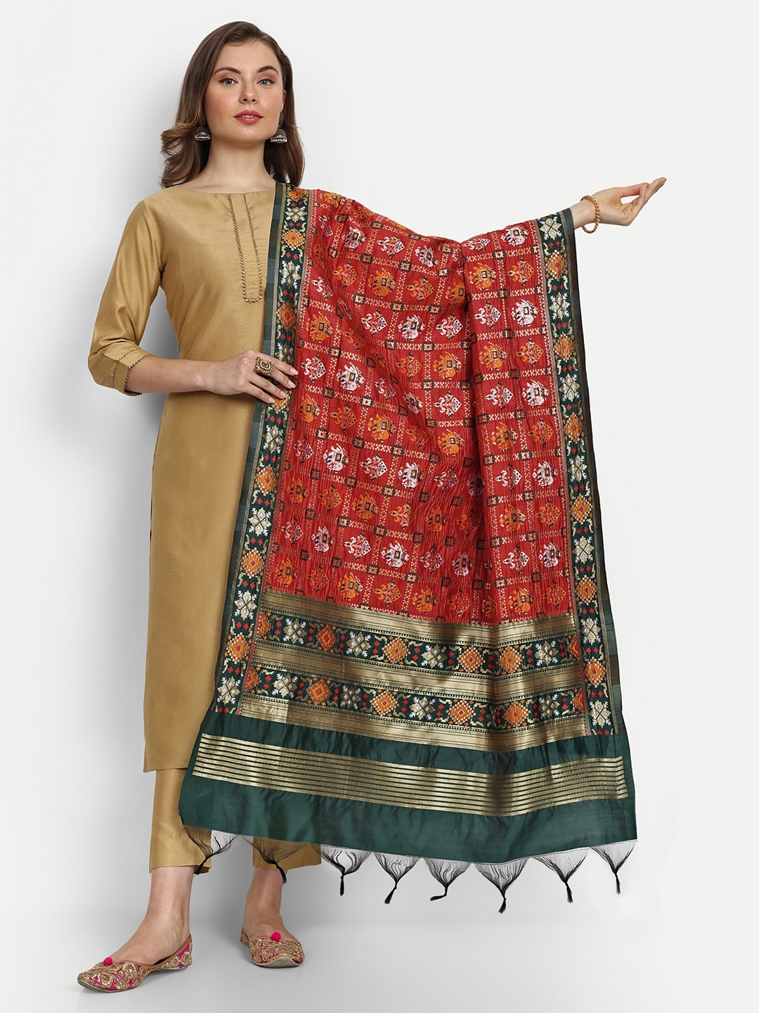 

ESCORA Ethnic Motifs Woven Design Zari Art Silk Dupatta, Red