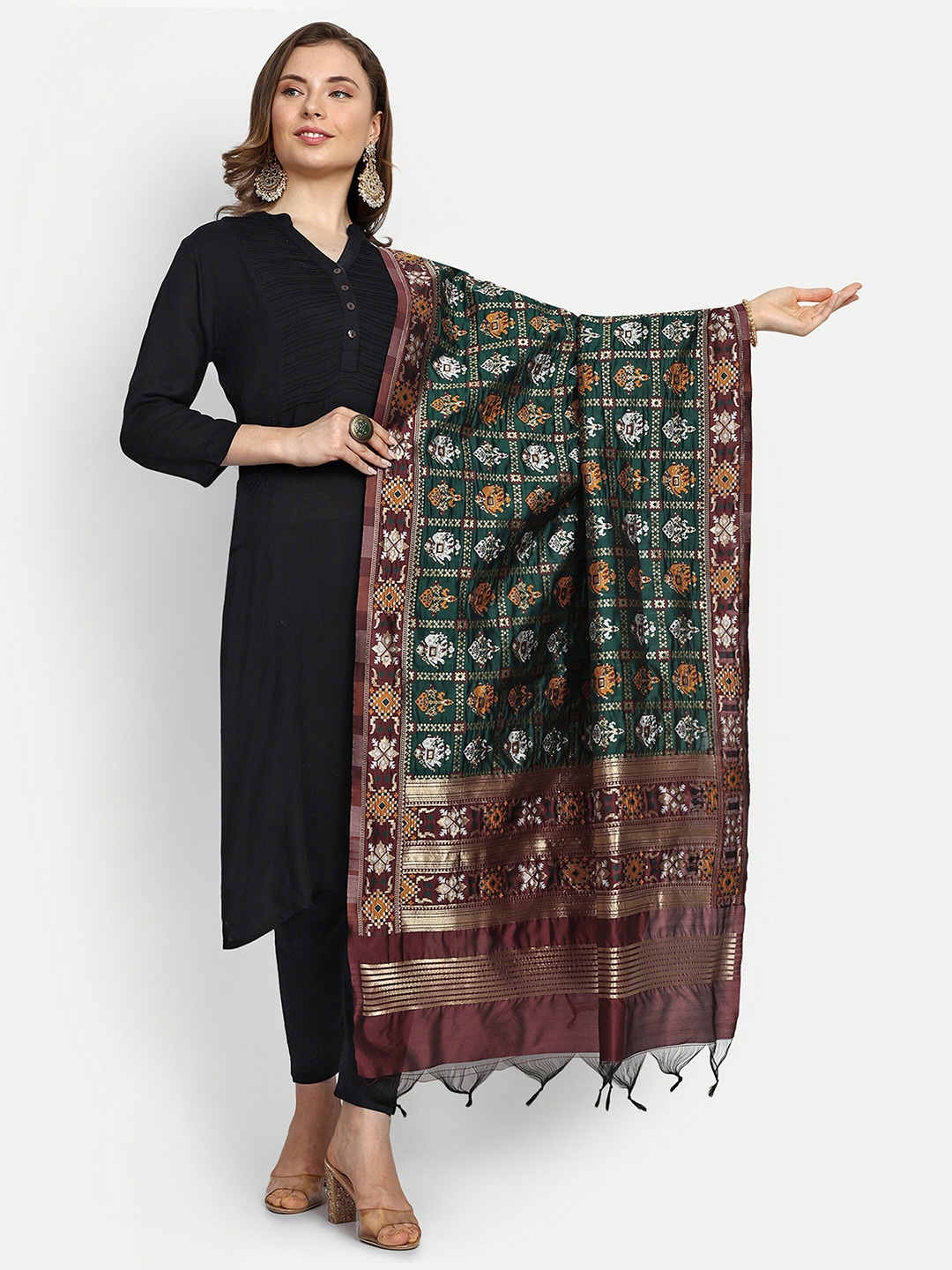 

ESCORA Ethnic Motifs Woven Design Zari Art Silk Dupatta, Green