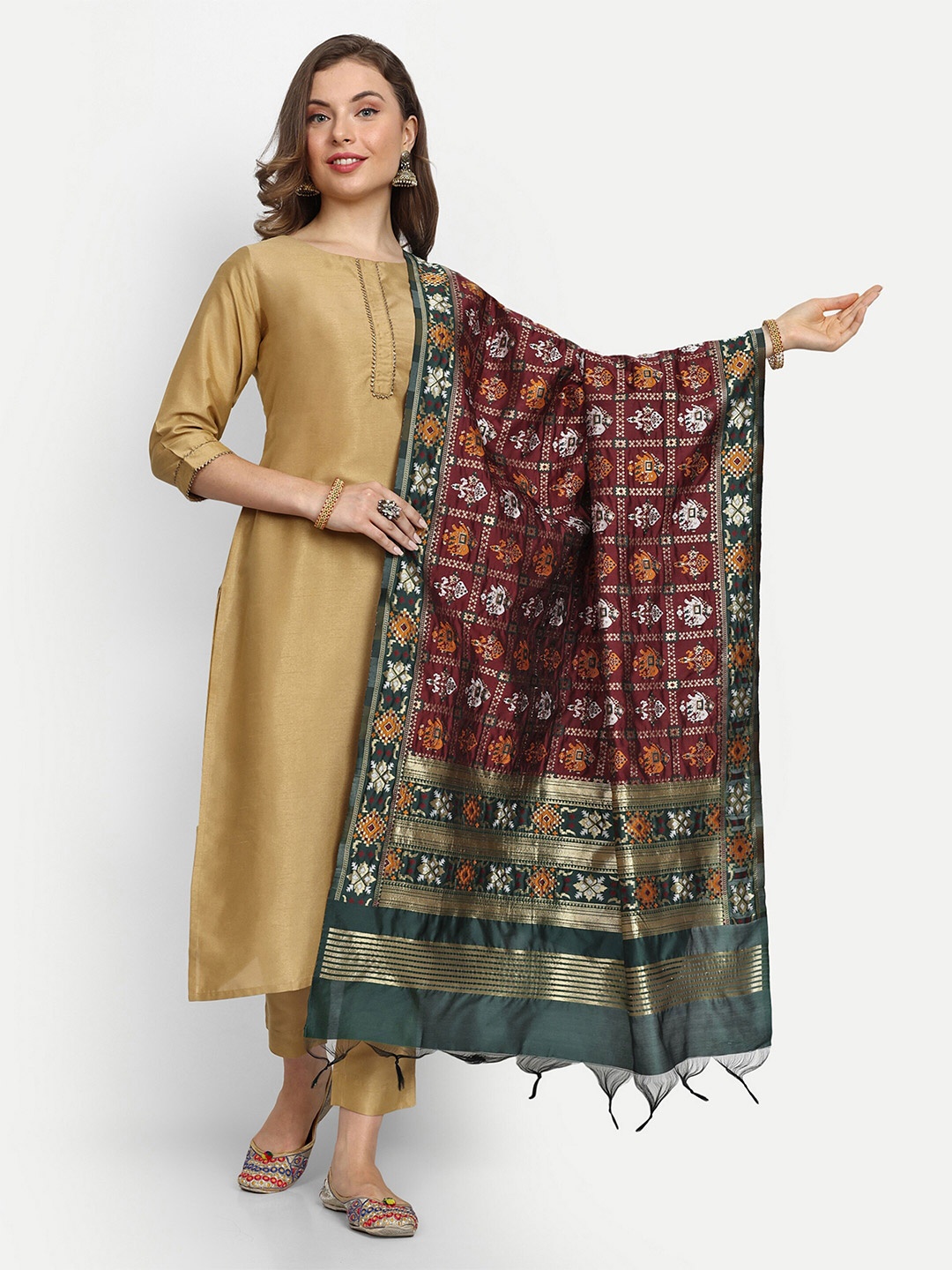 

ESCORA Ethnic Motifs Woven Design Zari Art Silk Dupatta, Maroon
