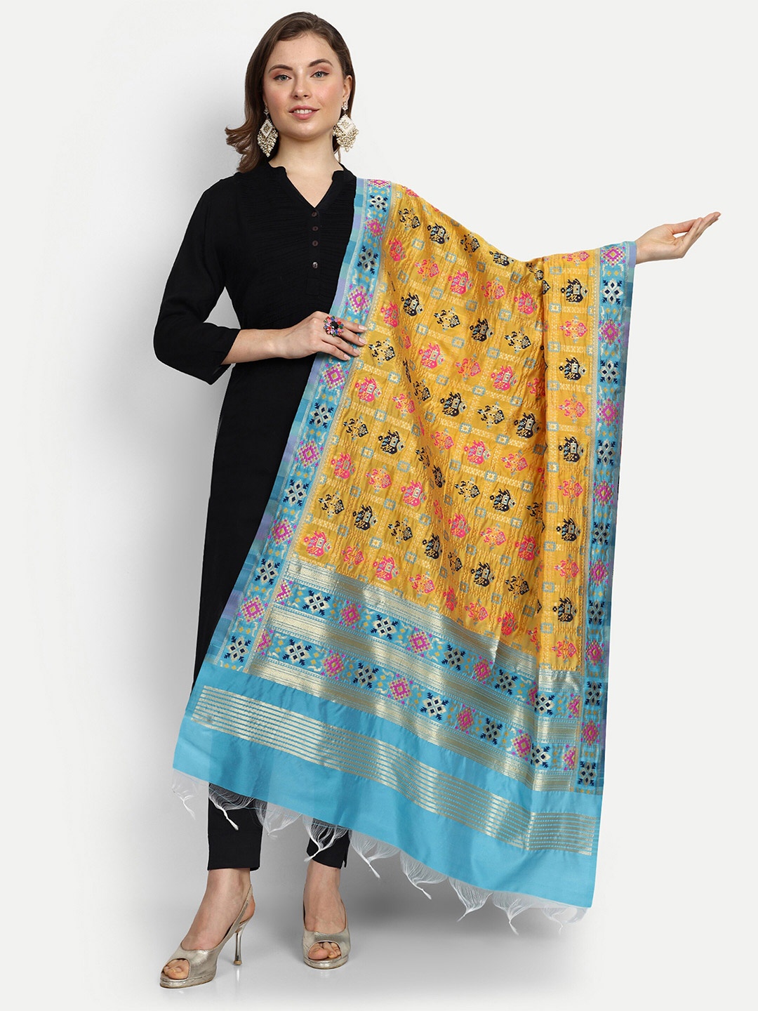 

ESCORA Ethnic Motifs Woven Design Zari Art Silk Dupatta, Yellow