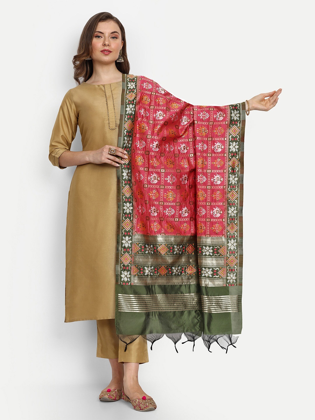 

ESCORA Ethnic Motifs Woven Design Zari Art Silk Dupatta, Pink