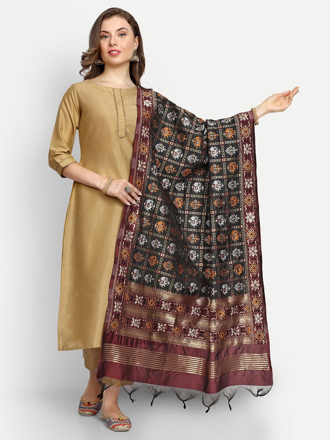 

ESCORA Ethnic Motifs Woven Design Zari Art Silk Dupatta, Black