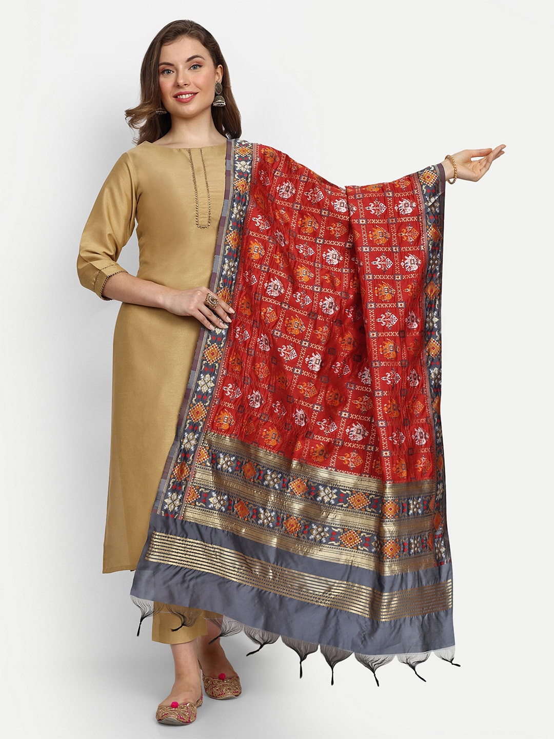 

ESCORA Ethnic Motifs Woven Design Zari Art Silk Dupatta, Red