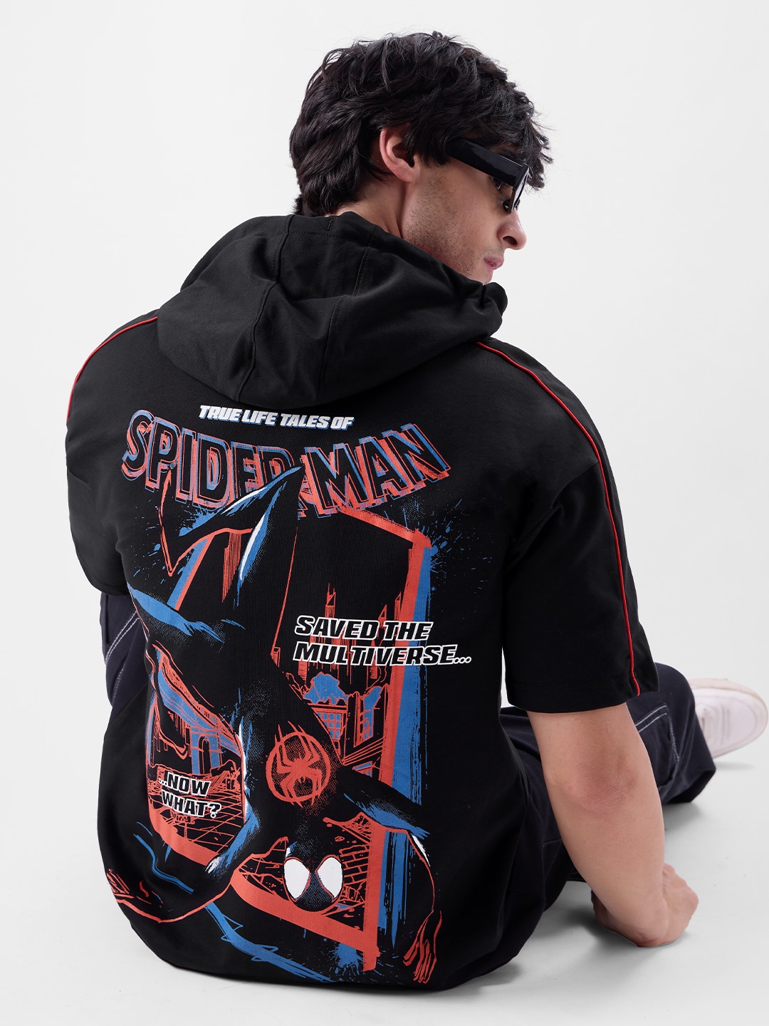 

The Souled Store Black Spider Man Printed Hooded Oversized Pure Cotton T-shirt