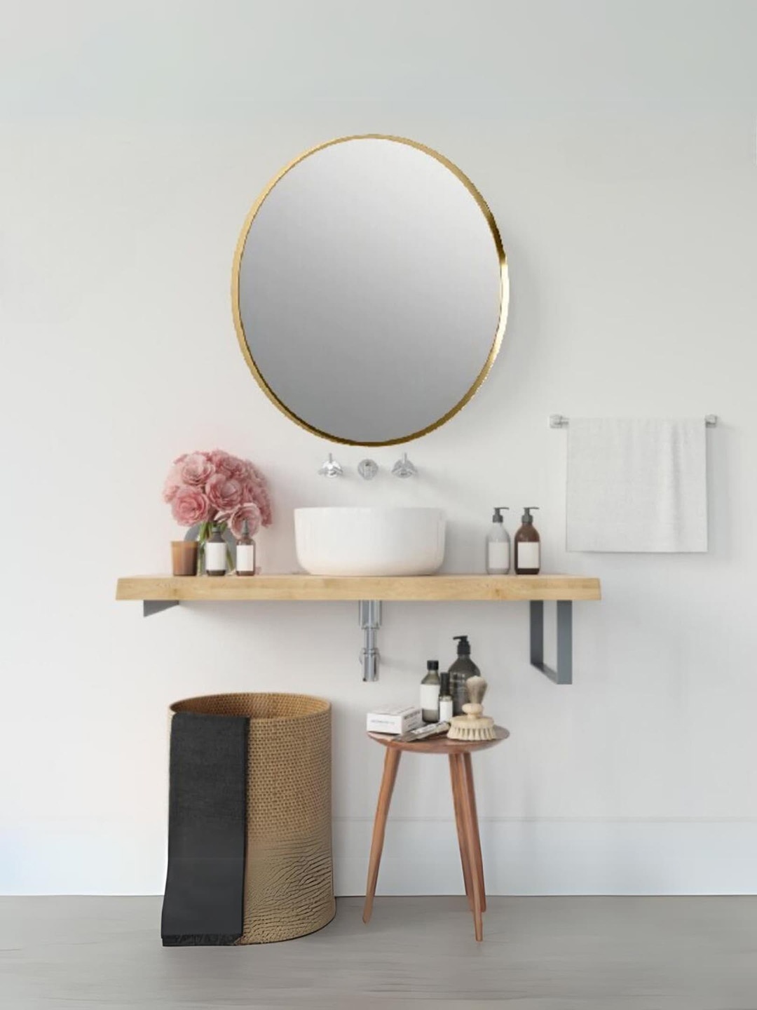 

BRANCO Golden Metal Framed Round-Shape Bathroom Wall Mirror, Gold