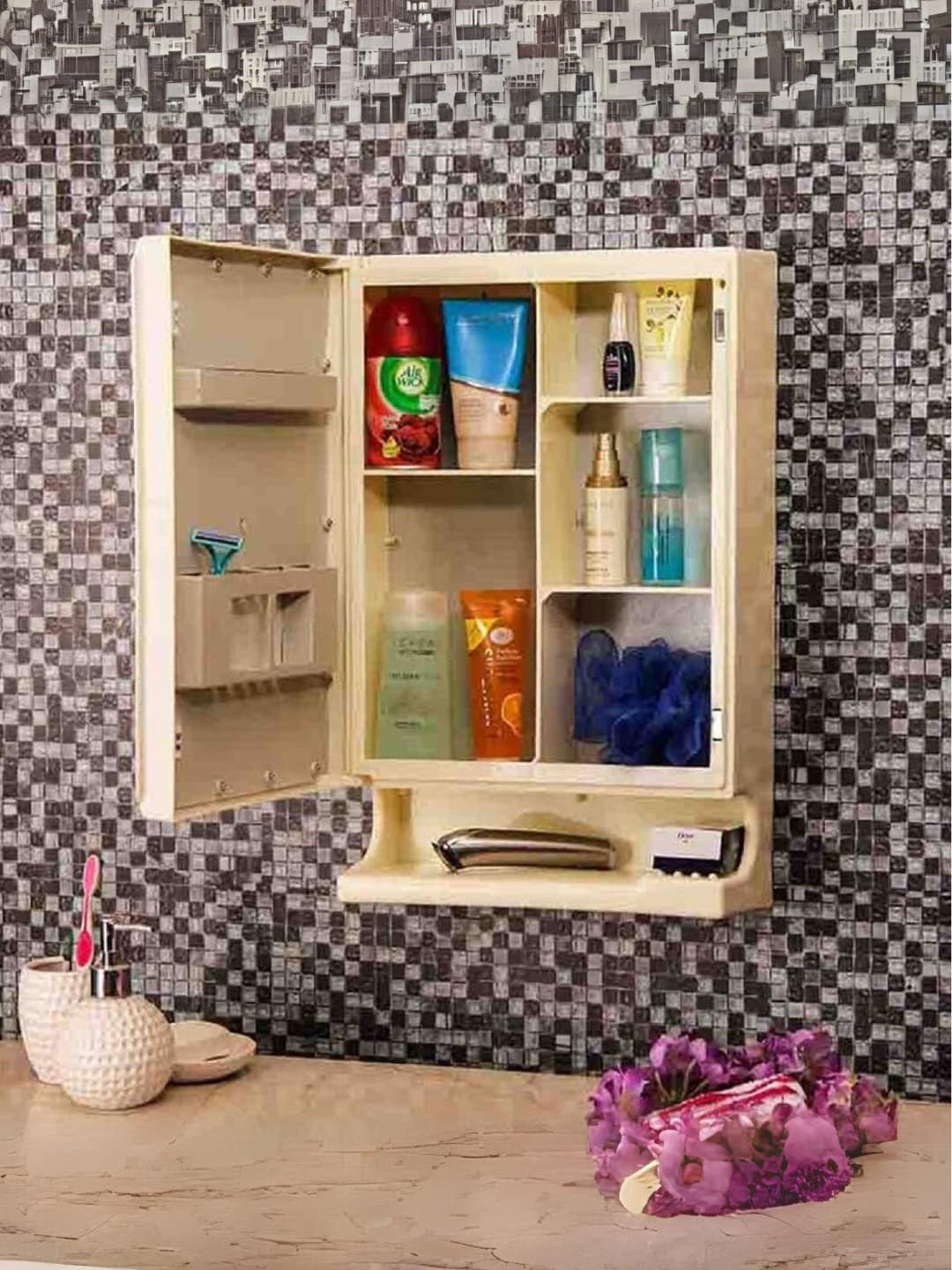 

BRANCO Beige Rectangle-Shape Multipurpose Bathroom Cabinet Wall Mirror