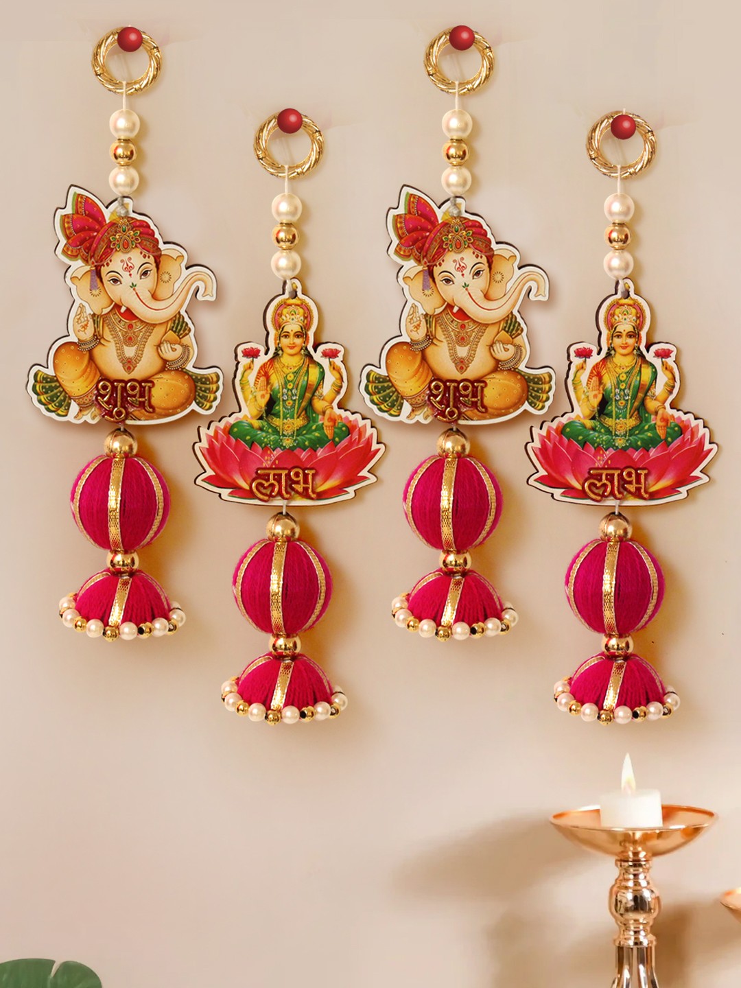 

TIED RIBBONS Pink & Yellow 4 Pieces Shubh Wall Door Hangings Latkan Toran