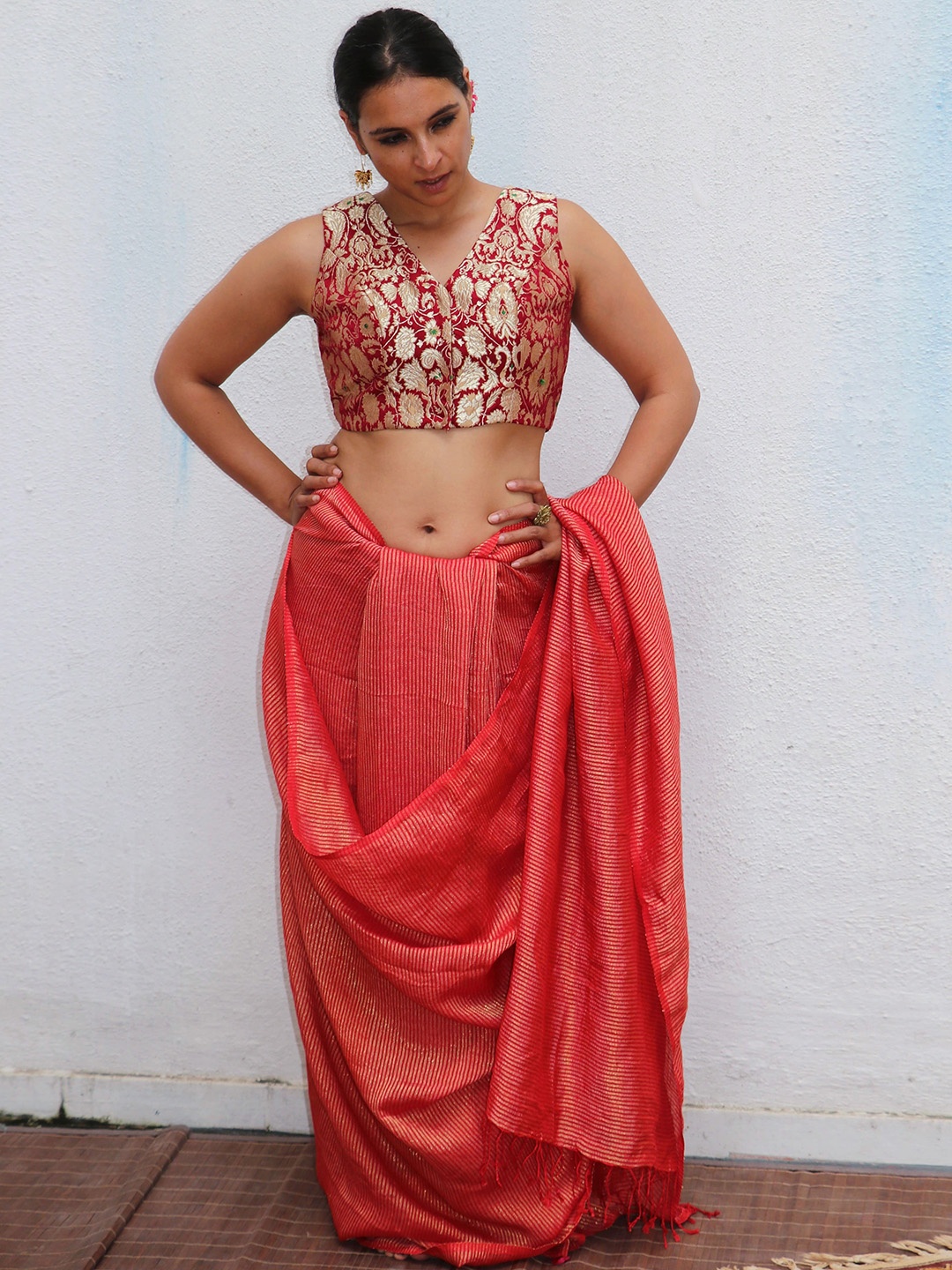 

Chidiyaa Ethnic Motifs Woven Design Brocade Saree Blouse, Red