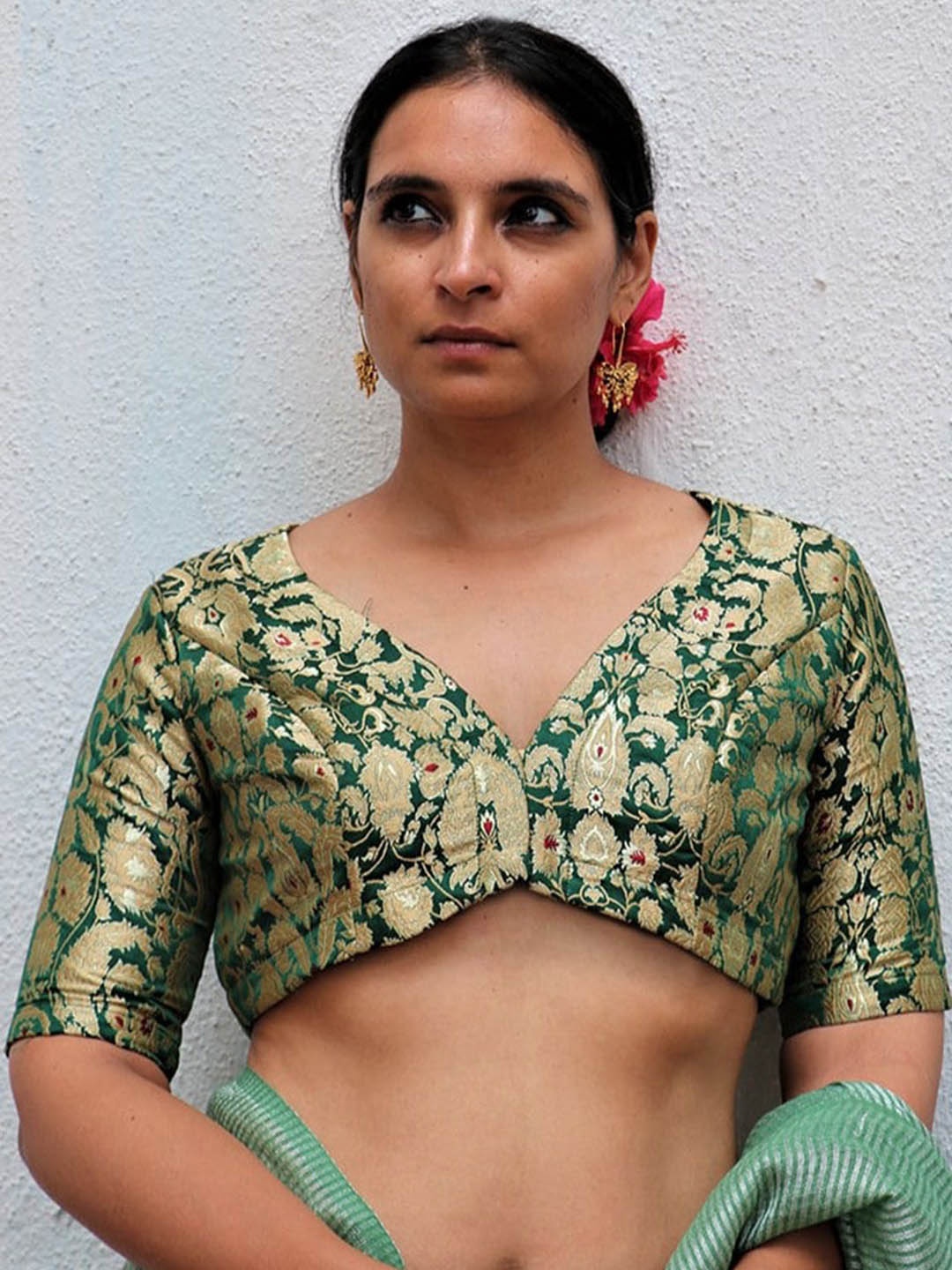 

Chidiyaa Woven Design Brocade Saree Blouse, Green