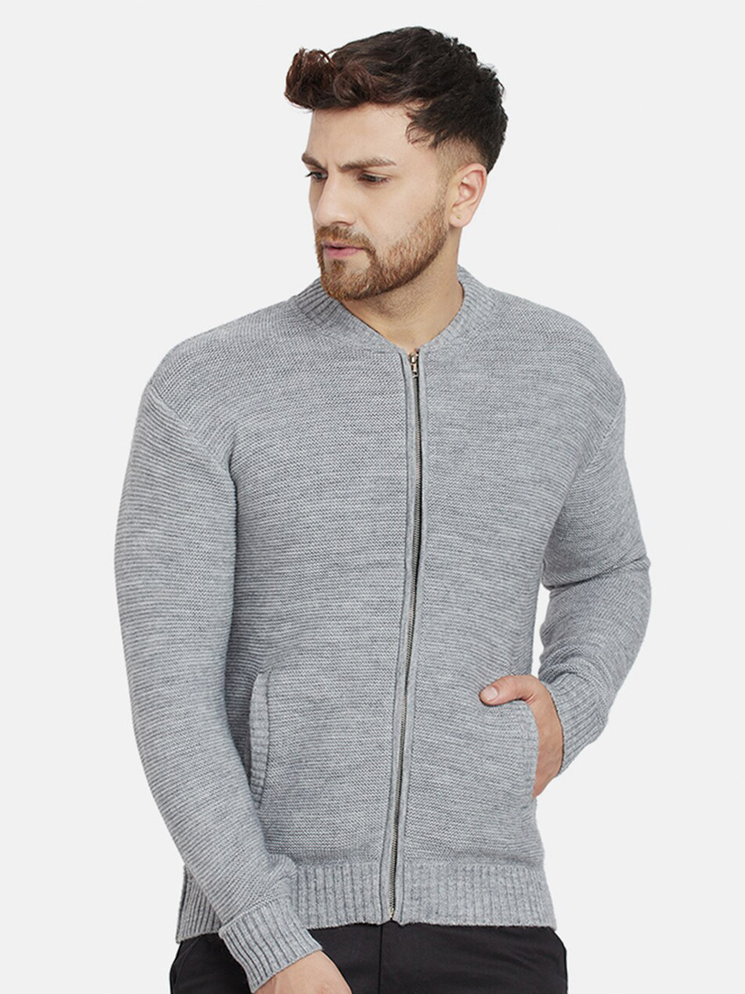 

Dlanxa Acrylic Mock Collar Front Open Sweater, Grey