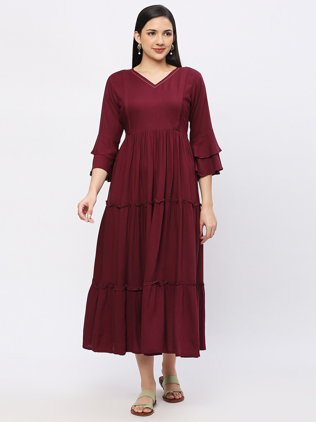 

Aanyor V-Neck Bell Sleeve Tiered Cotton Maternity & Nursing Fit & Flare Midi Dress, Maroon
