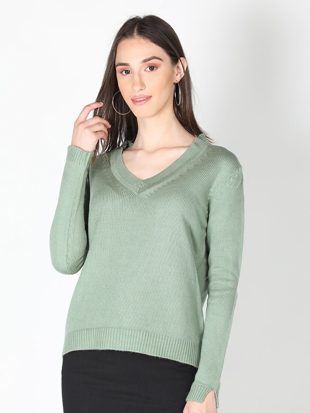 

Dlanxa Ribbed V-Neck Long Sleeves Acrylic Pullover Sweater, Green