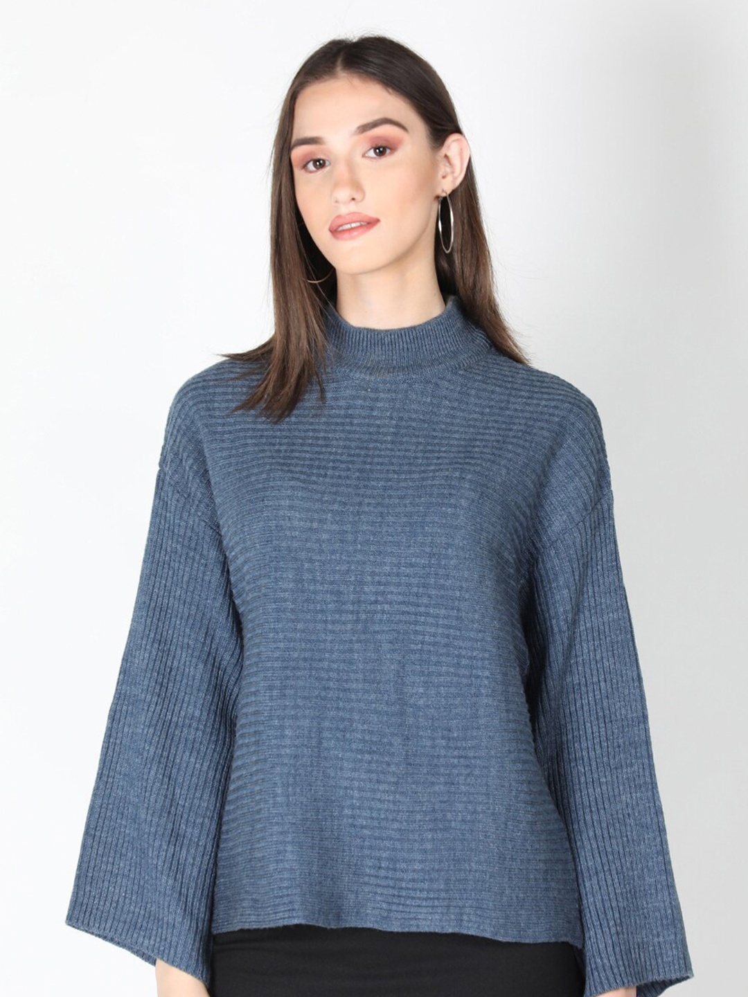 

Dlanxa Ribbed Turtle Neck Flared Sleeves Acrylic Pullover Sweaters, Blue