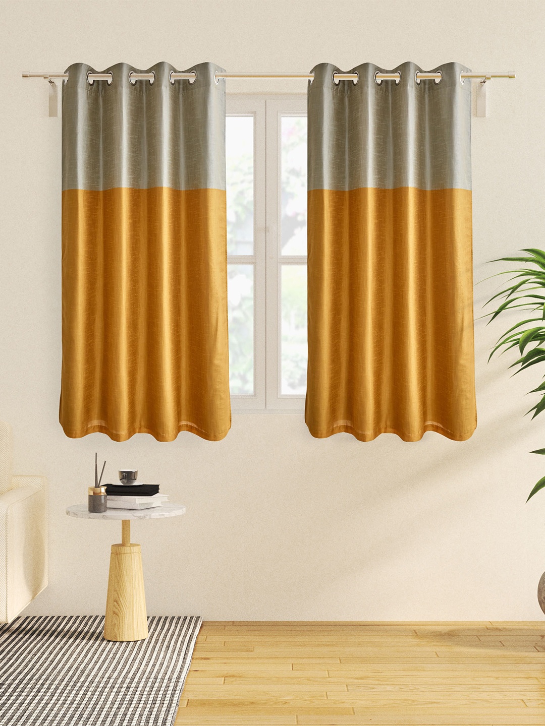 

Home Centre Contempo Yellow 2 Pieces Colourblocked Room Darkening Window Curtains