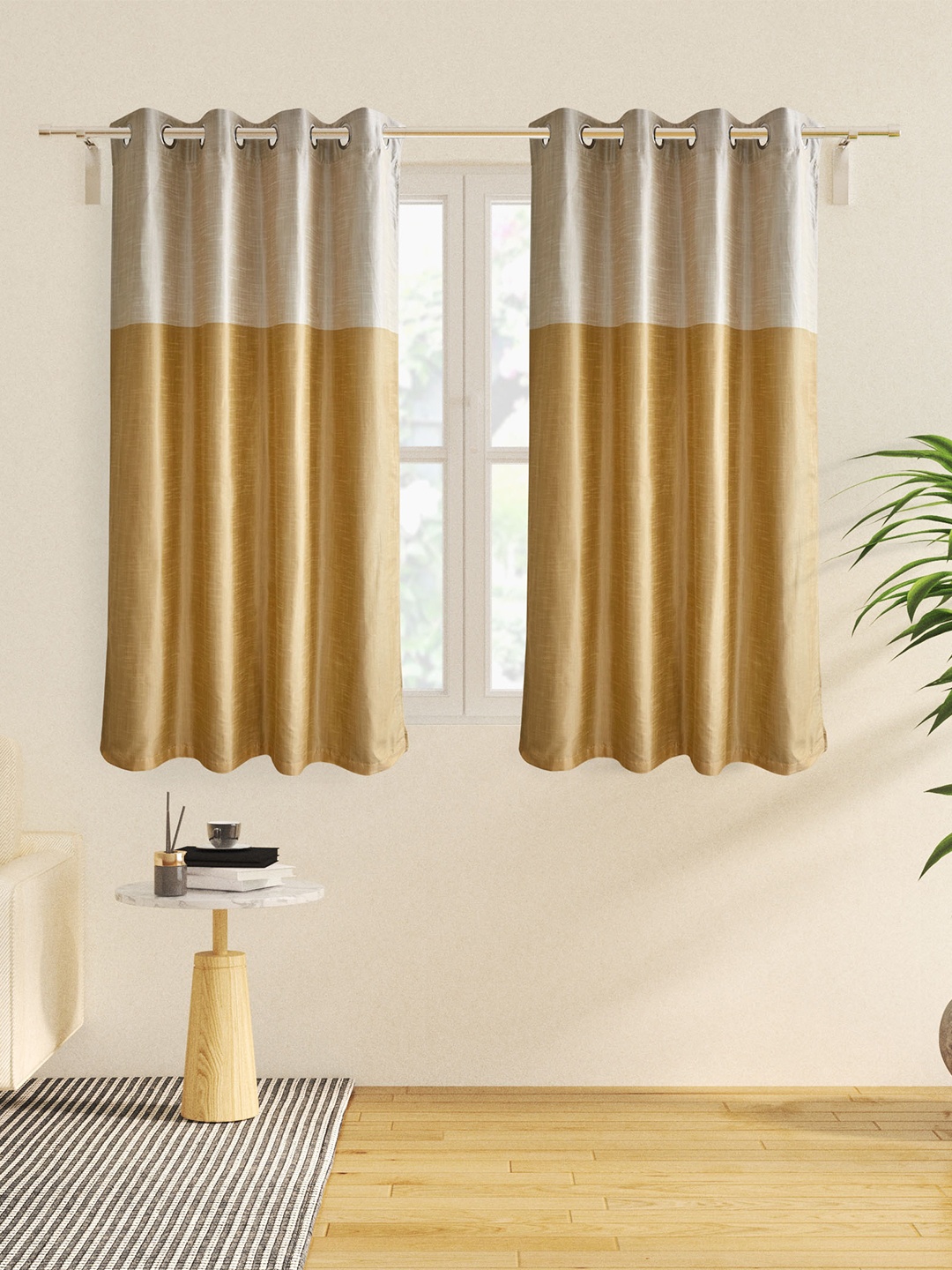 

Home Centre 2 Pcs Yellow & White Colourblocked Window Curtains