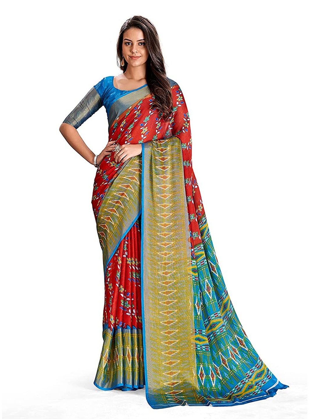 

KALINI Floral Printed Pure Chiffon Saree, Red