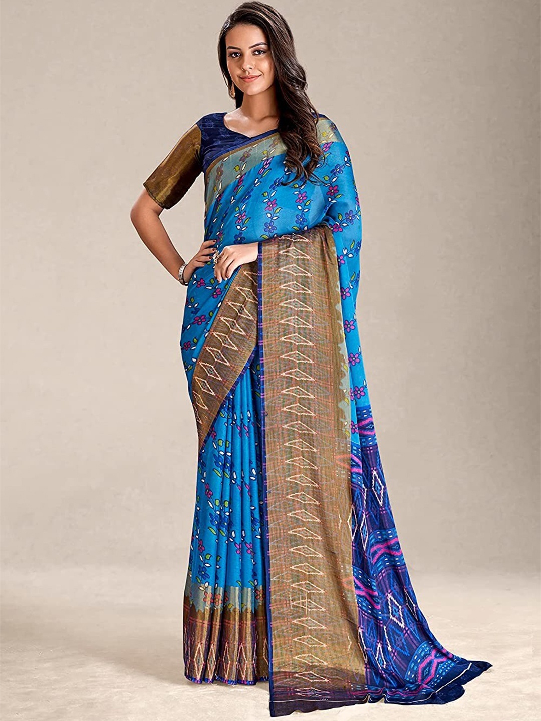 

KALINI Floral Printed Pure Chiffon Saree, Blue