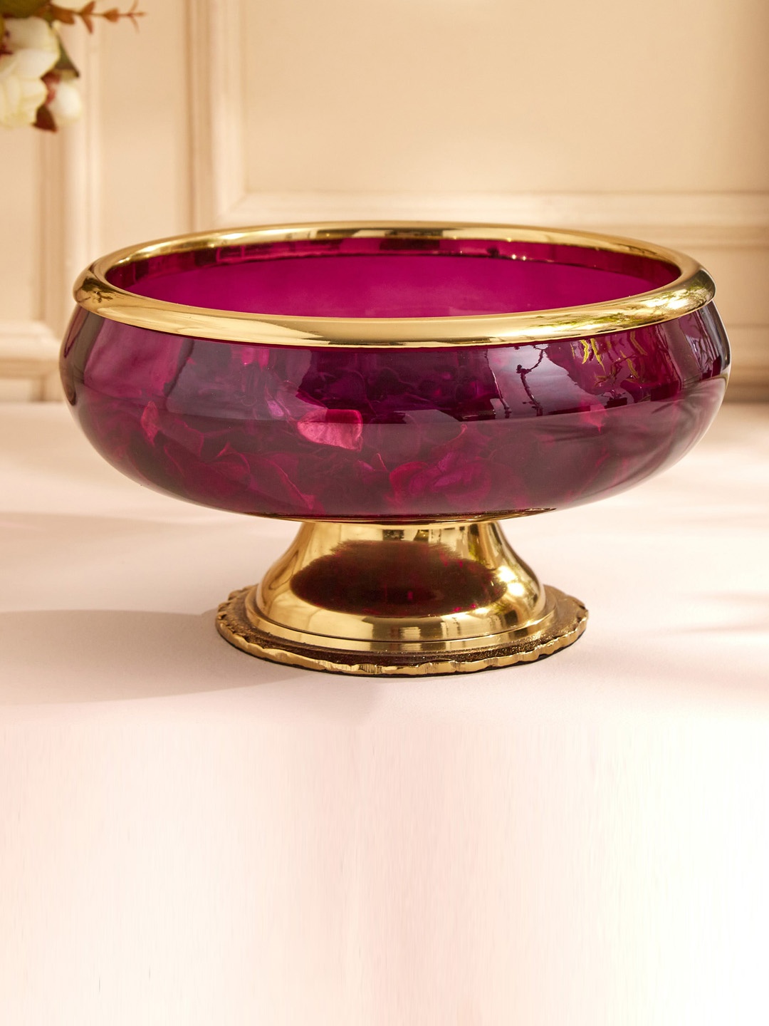 

Home Centre Purple Glass Potpourri Bowl With Metal Stand