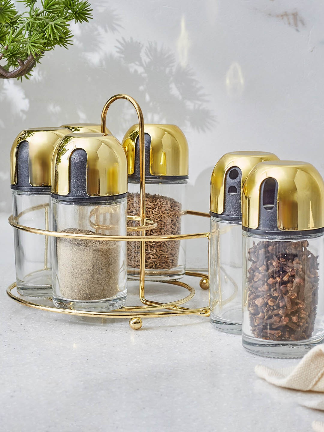 

Home Centre Travis 6 Pieces Glass Spice Jars with Stand, Gold