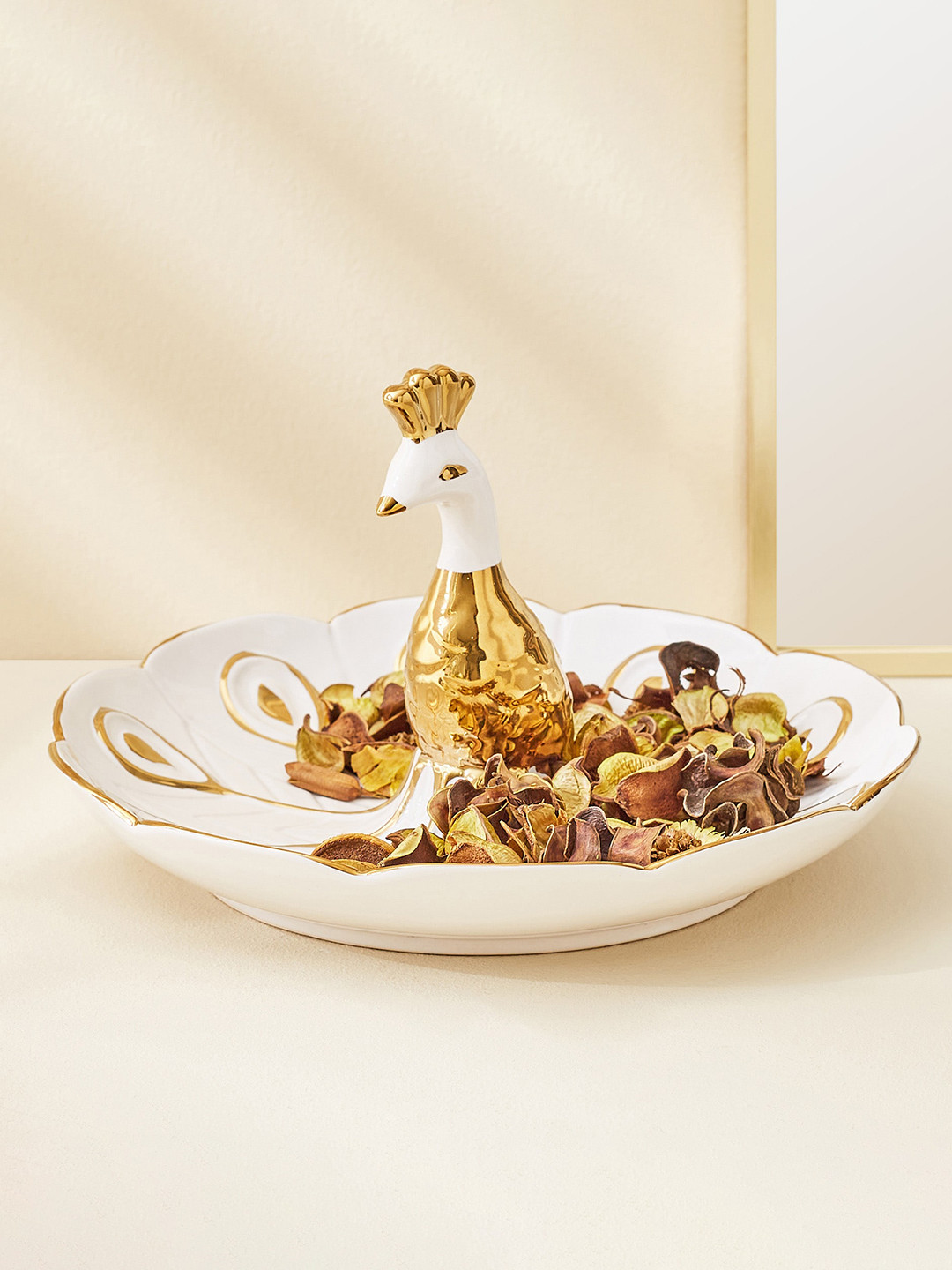 

Home Centre Stellar Fantasy White & Golden Textured Decorative Peacock Tray