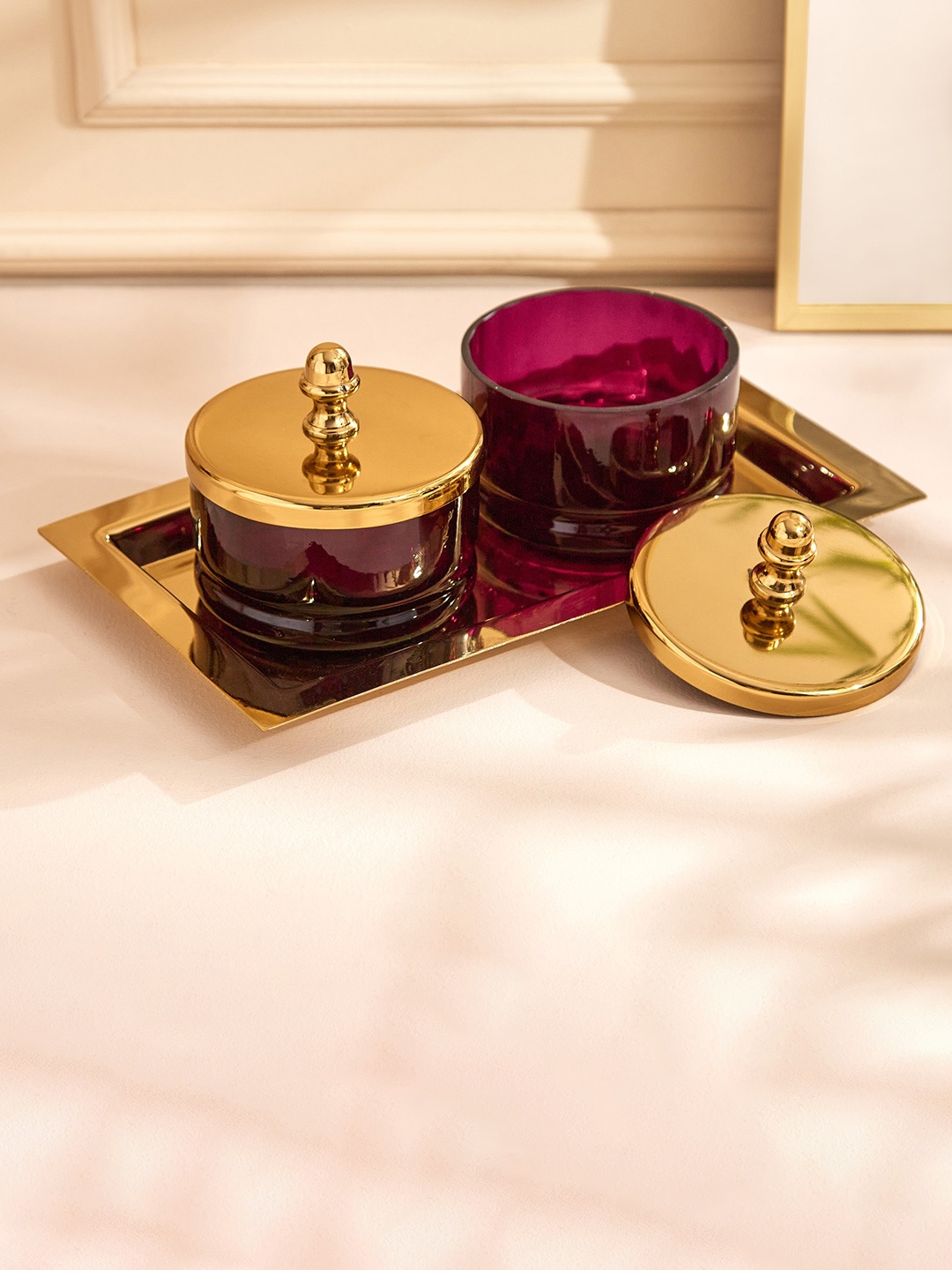 

Home Centre Fiesta 2 Pieces Glass Cansiters With Tray, Purple