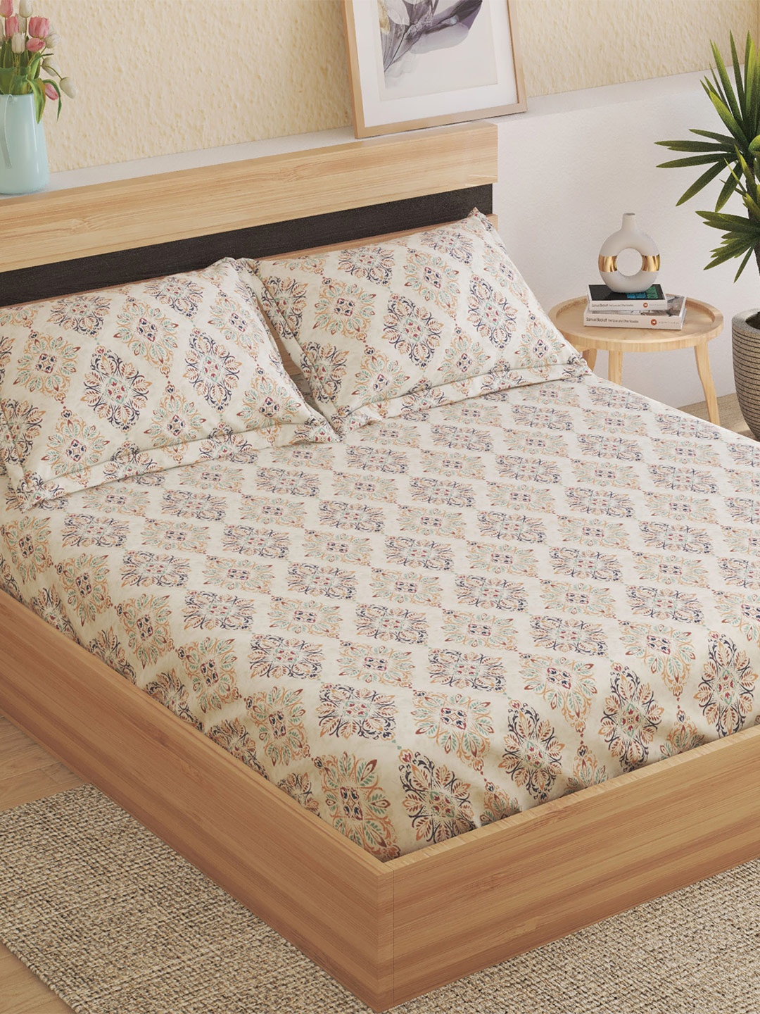 

Home Centre Amaya Thisle Beige Printed Cotton 150 TC King Bedsheet with 2 Pillow Covers