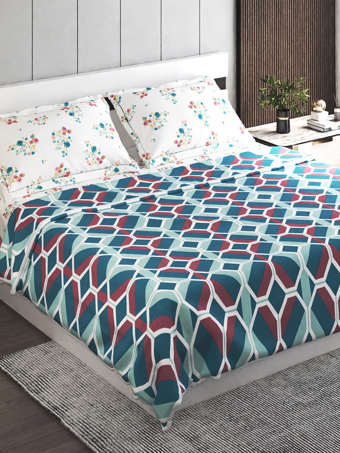 

Home Centre Liberty Teal Blue & White Cotton 150 TC Queen Bedding Set