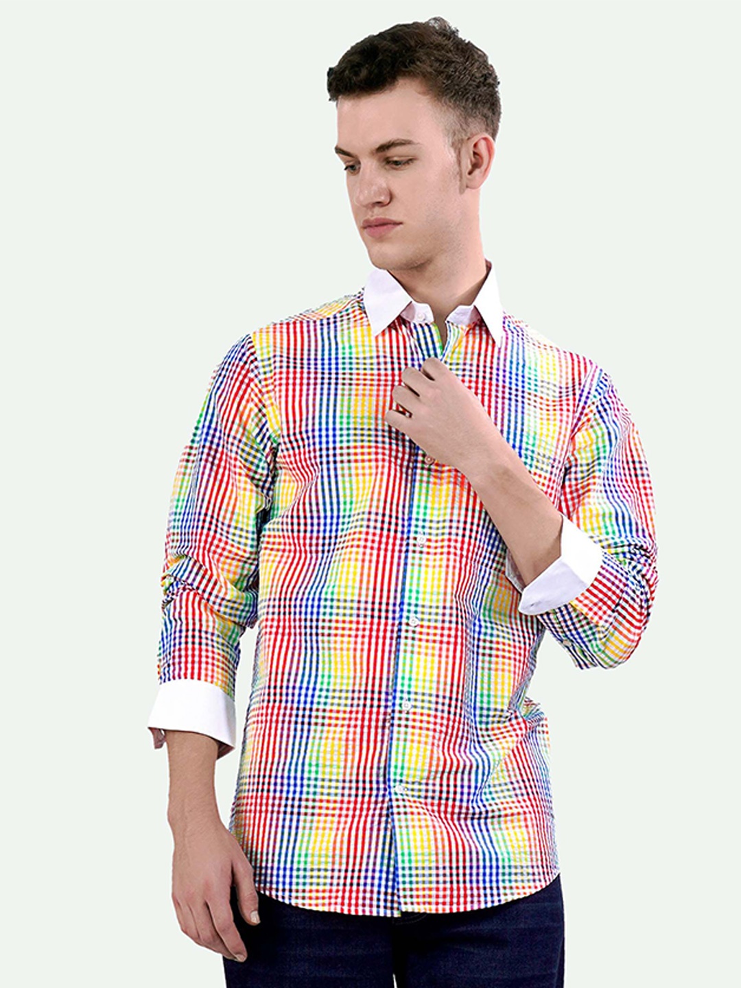

FRENCH CROWN Standard Tartan Checked Cutaway Collar Cotton Casual Shirt, White
