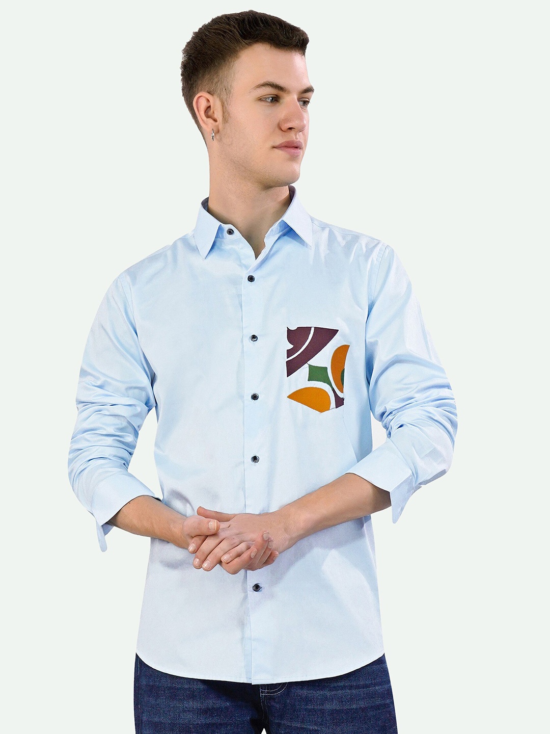 

FRENCH CROWN Standard Graphic Printed Spread Collar Cotton Casual Shirt, Blue