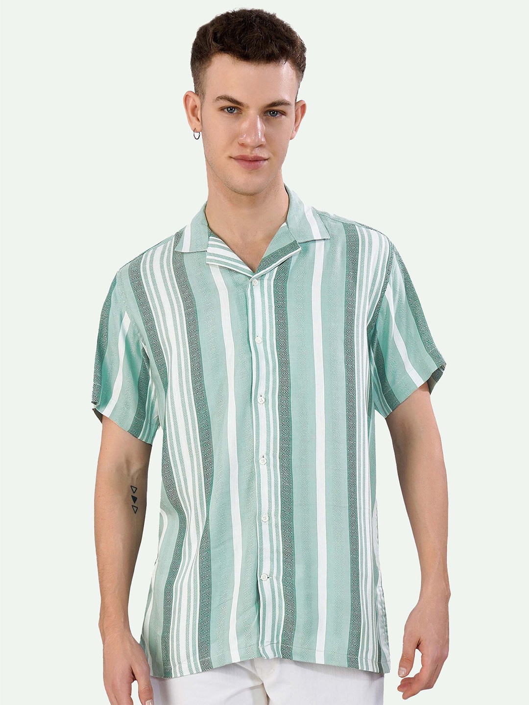 

FRENCH CROWN Standard Striped Cotton Casual Shirt, Green