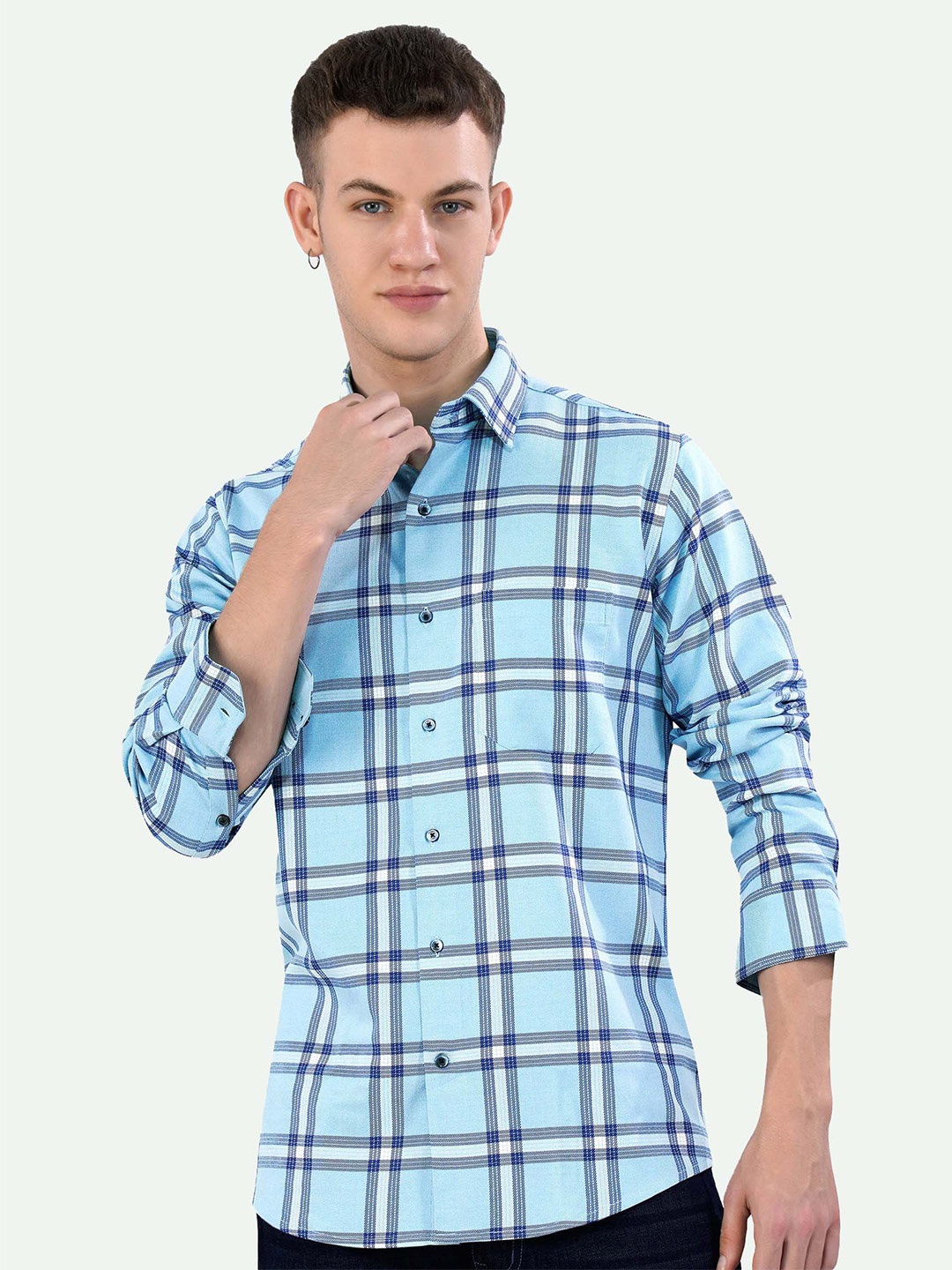 

FRENCH CROWN Standard Tartan Checked Cotton Casual Shirt, Blue