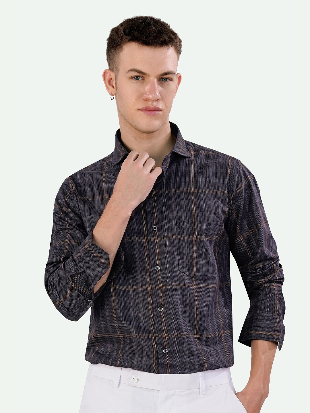

FRENCH CROWN Standard Tartan Checked Cotton Casual Shirt, Brown