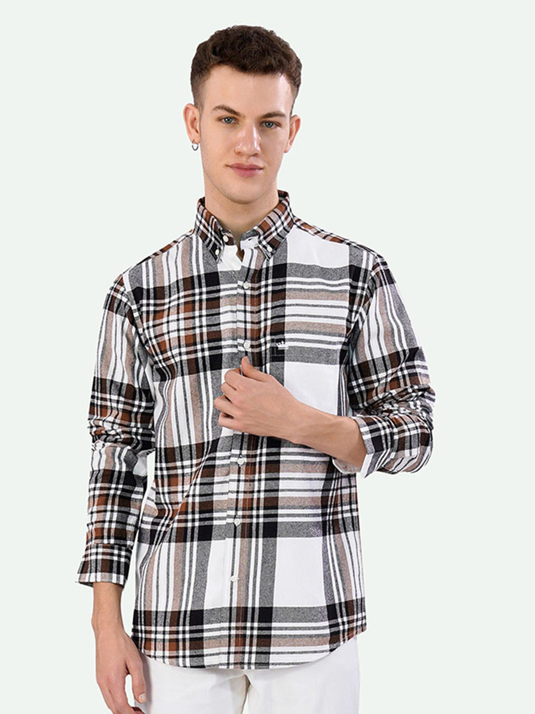 

FRENCH CROWN Standard Tartan Checked Button-Down Collar Long Sleeves Cotton Casual Shirt, White