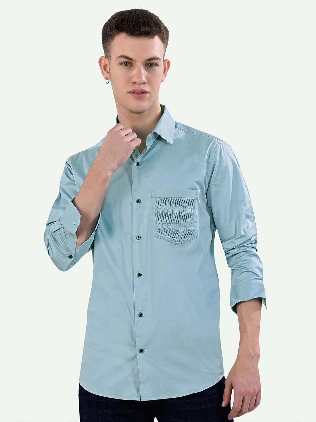 

FRENCH CROWN Standard Spread Collar Long Sleeves Pocket Detailing Cotton Casual Shirt, Blue