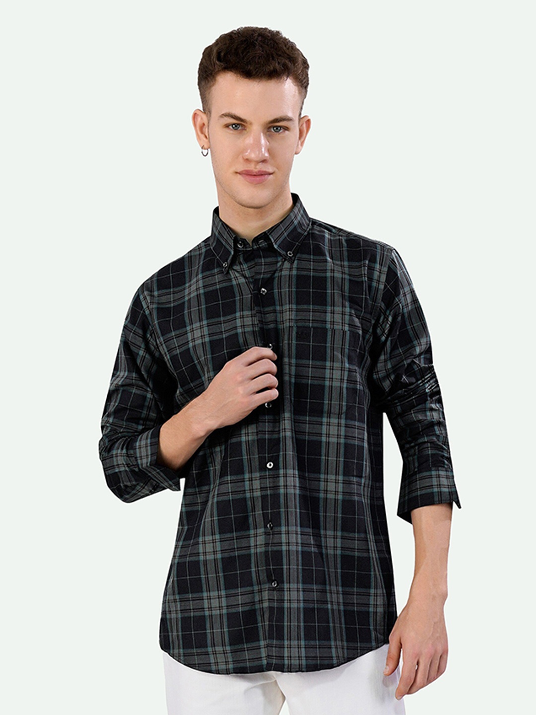 

FRENCH CROWN Standard Tartan Checked Cotton Casual Shirt, Black