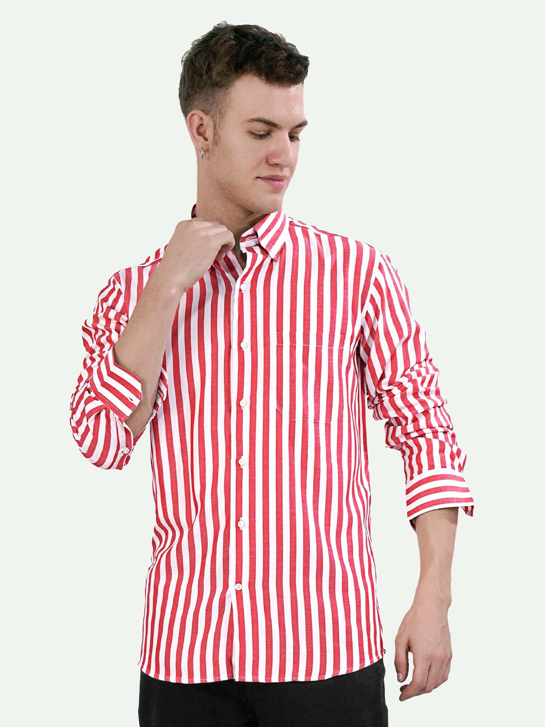 

FRENCH CROWN Standard Vertical Striped Button-Down Collar Cotton Casual Shirt, Pink