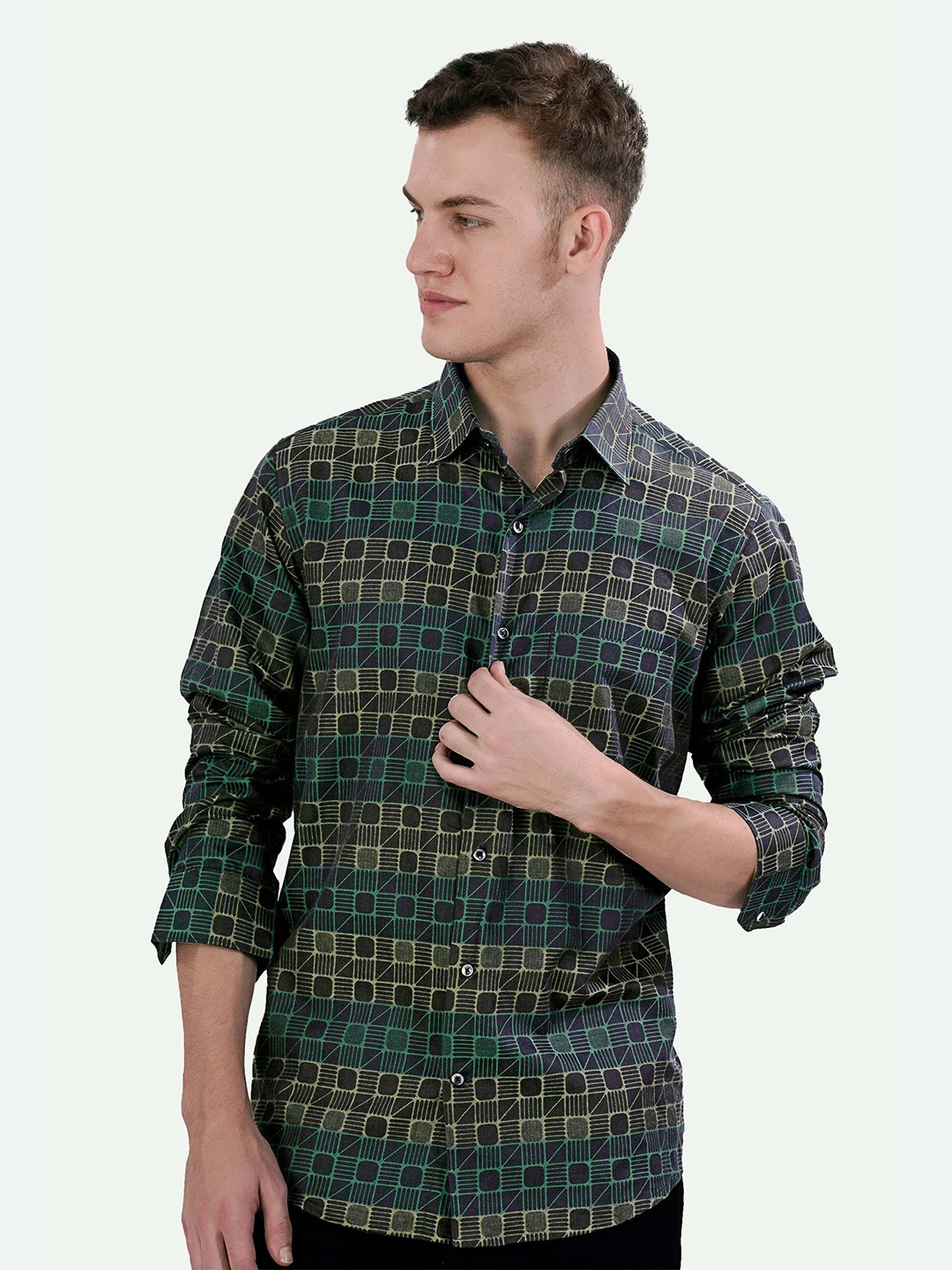 

FRENCH CROWN Checked Standard Cotton Casual Shirt, Green