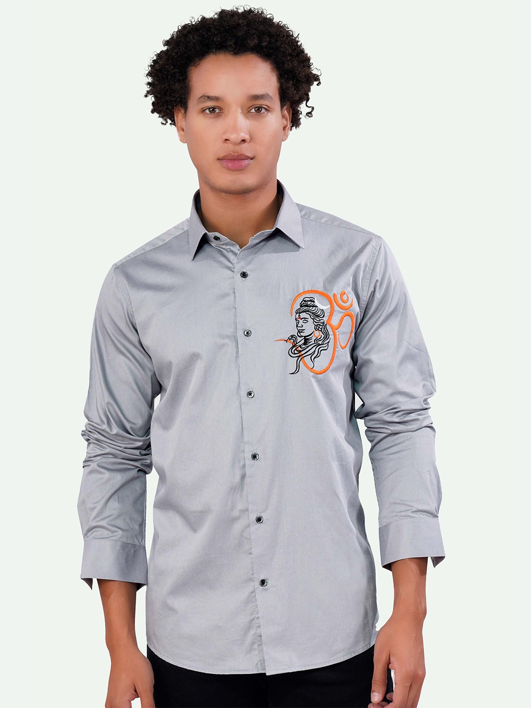 

FRENCH CROWN Lord Shiva Embroidered Standard Cotton Casual Shirt, Grey