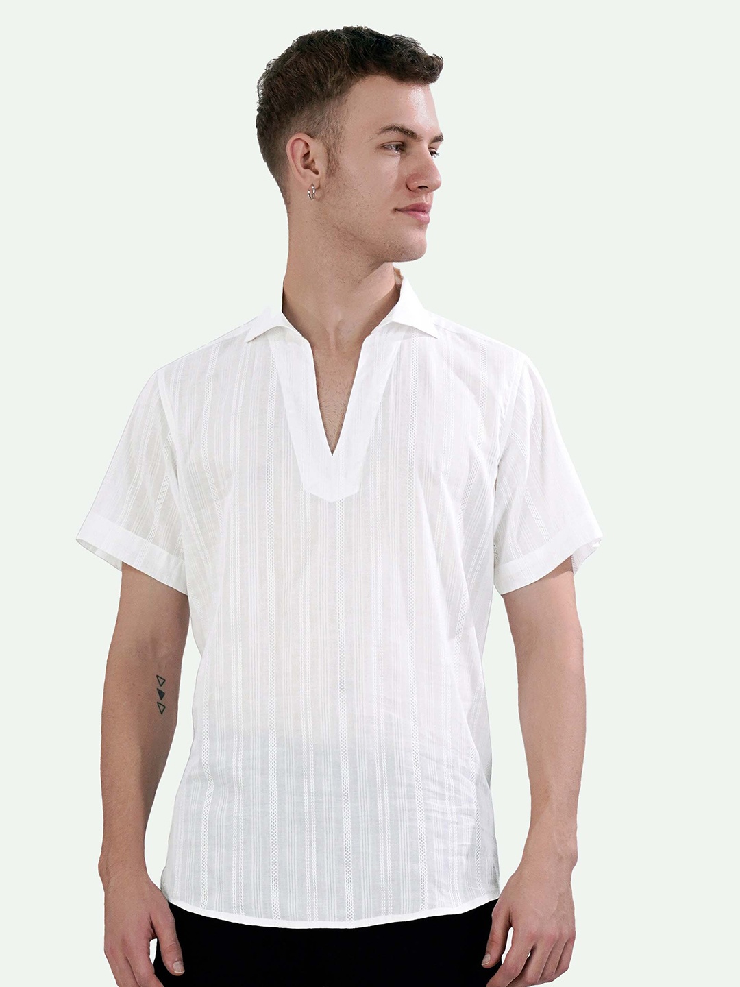 

FRENCH CROWN Standard Opaque Striped Cotton Casual Shirt, White