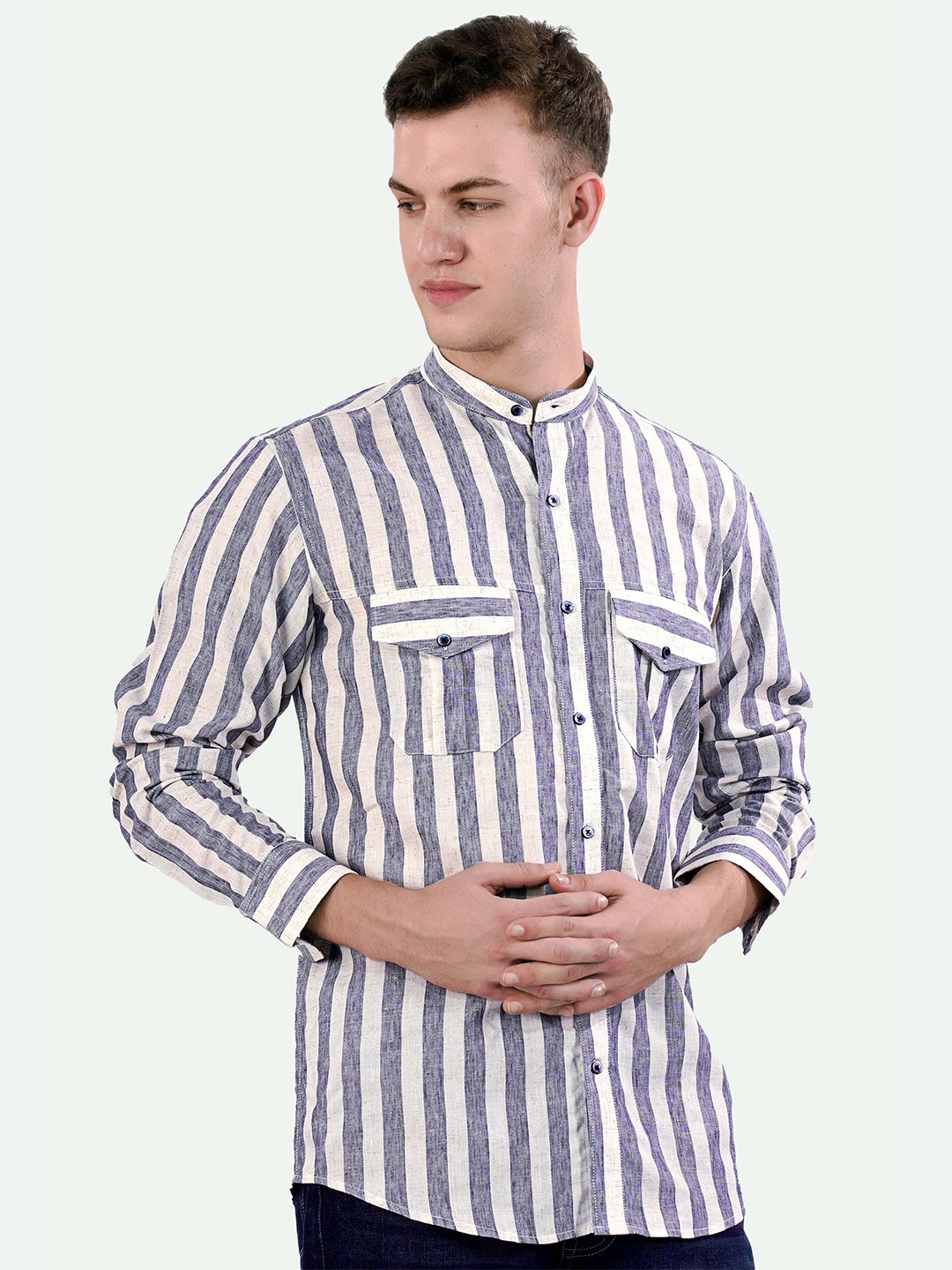 

FRENCH CROWN Standard Striped Mandarin Collar Casual Shirt, Grey