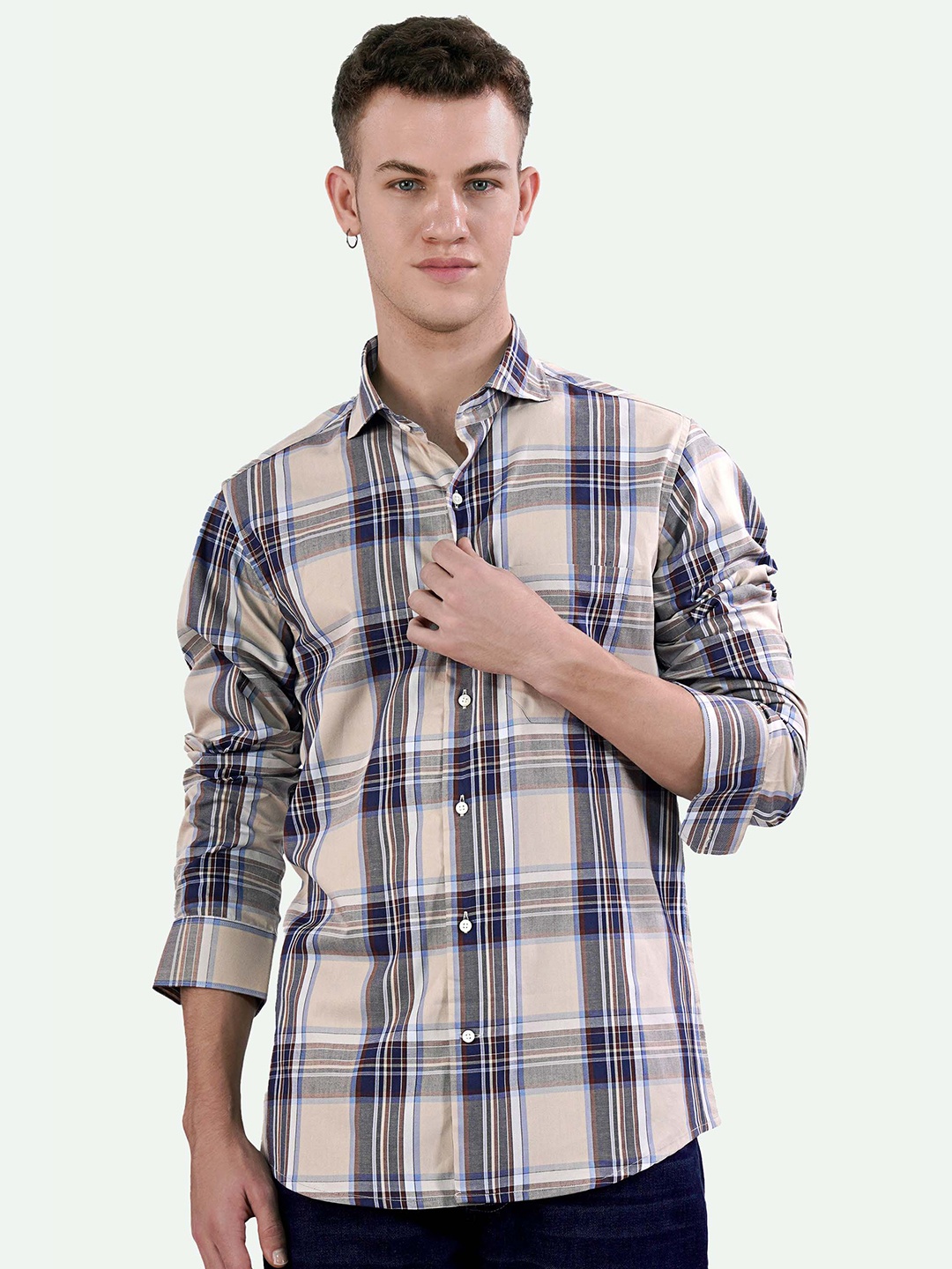 

FRENCH CROWN Standard Tartan Checked Spread Collar Cotton Twill Casual Shirt, Brown